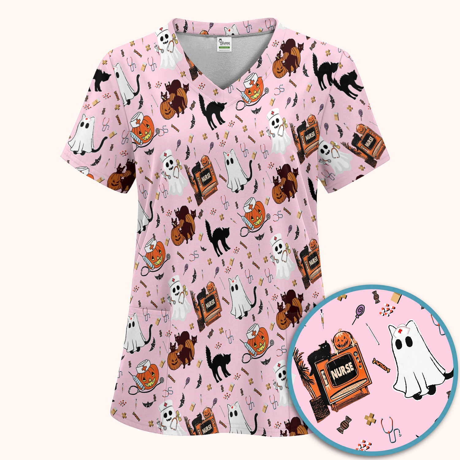 Halloween Scrub Set for Nurse - Cute Pumpkin Ghost Cat Medical Pants and V Neck Top - Spooky Uniform for Women RN CNA LPN