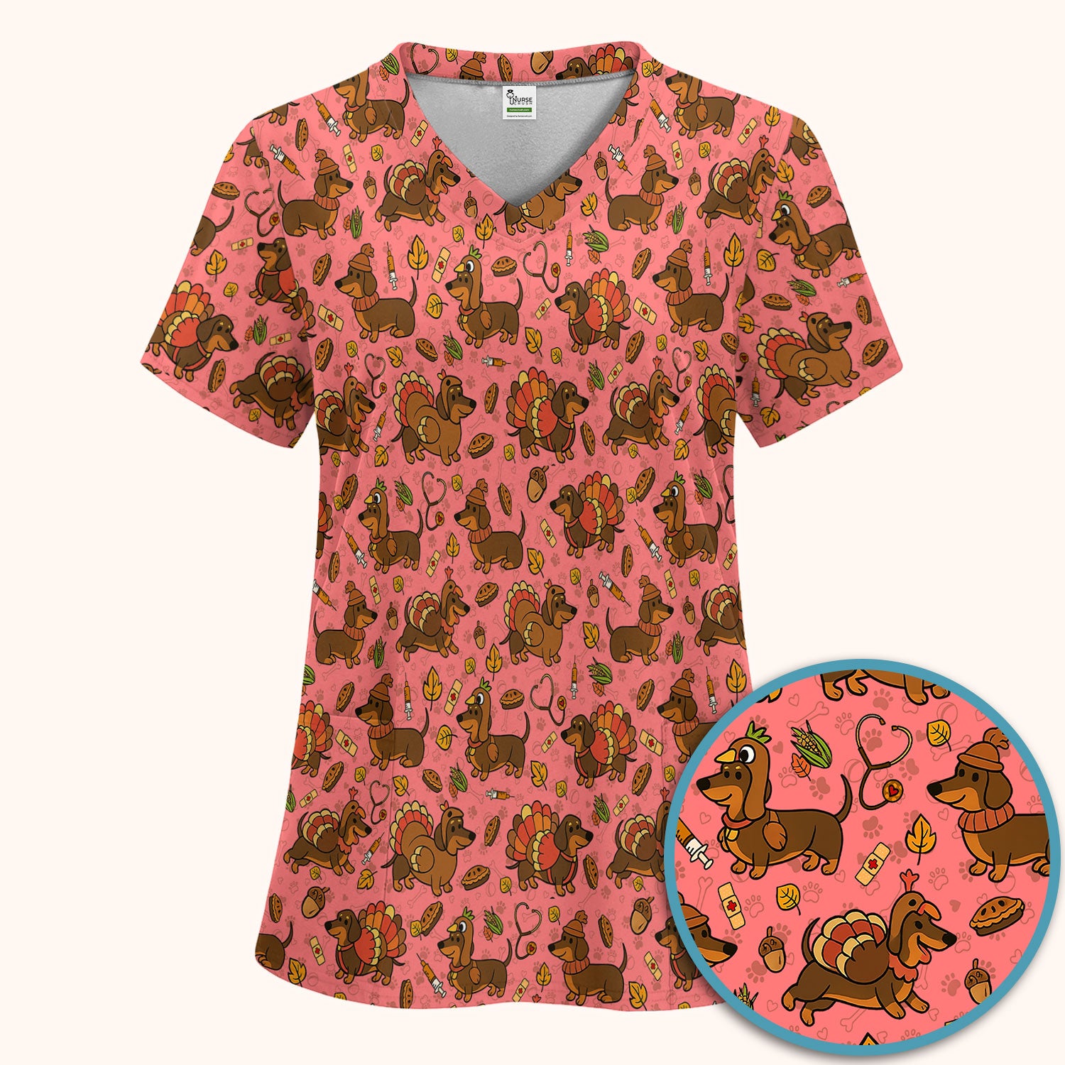 Thanksgiving Wiener Dog Scrub Set - Funny Dachshund Turkey Scrubs Pants and V Neck Top - Fall Winter Gift for Women