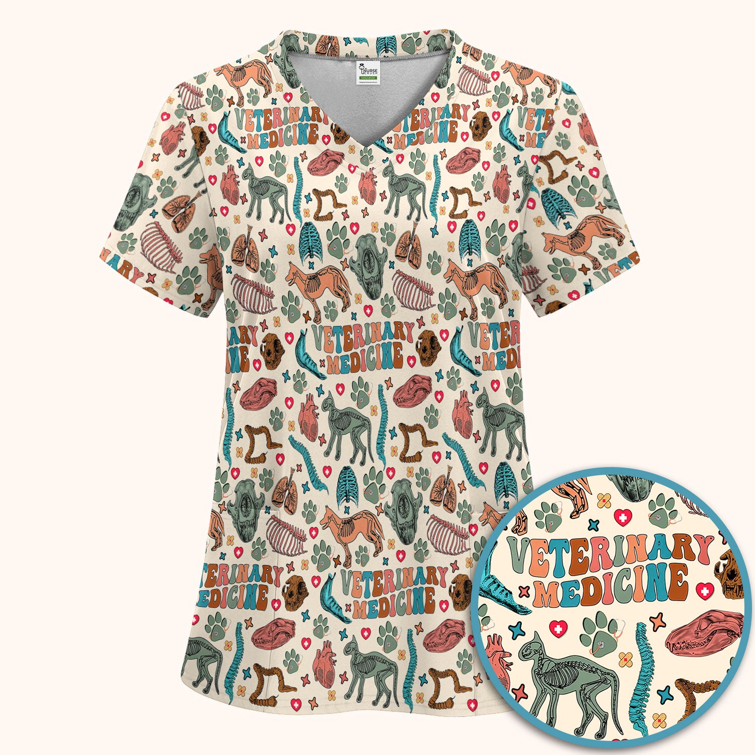 Veterinary Medicine Scrub Set - Cute Animal Anatomy Scrubs Pants and V Neck Top - Fun Vet Tech Nurse Uniform for Women