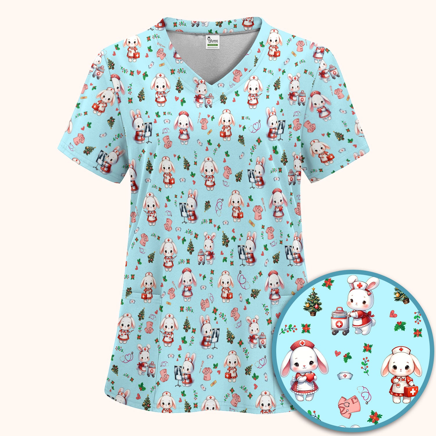 Cute Bunny Scrub Set for Nurse - Adorable Christmas Rabbit Pants and V Neck Top - Funny Holiday Medical Shirt Gift