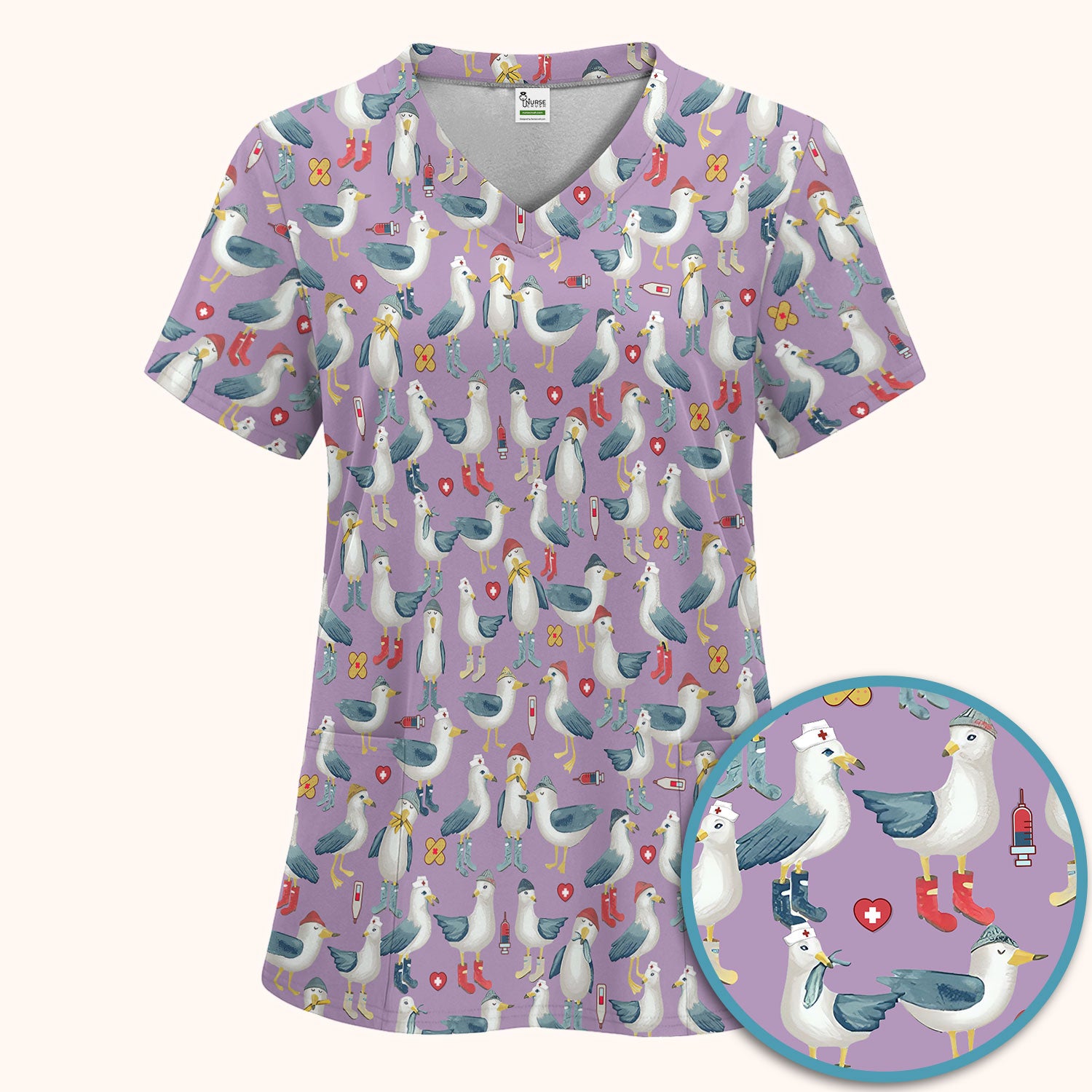 Seagull Scrub Set for Nurses - Adorable Birds Medical Uniform - Funny Scrubs Pants and V Neck Top for RN CNA LPN