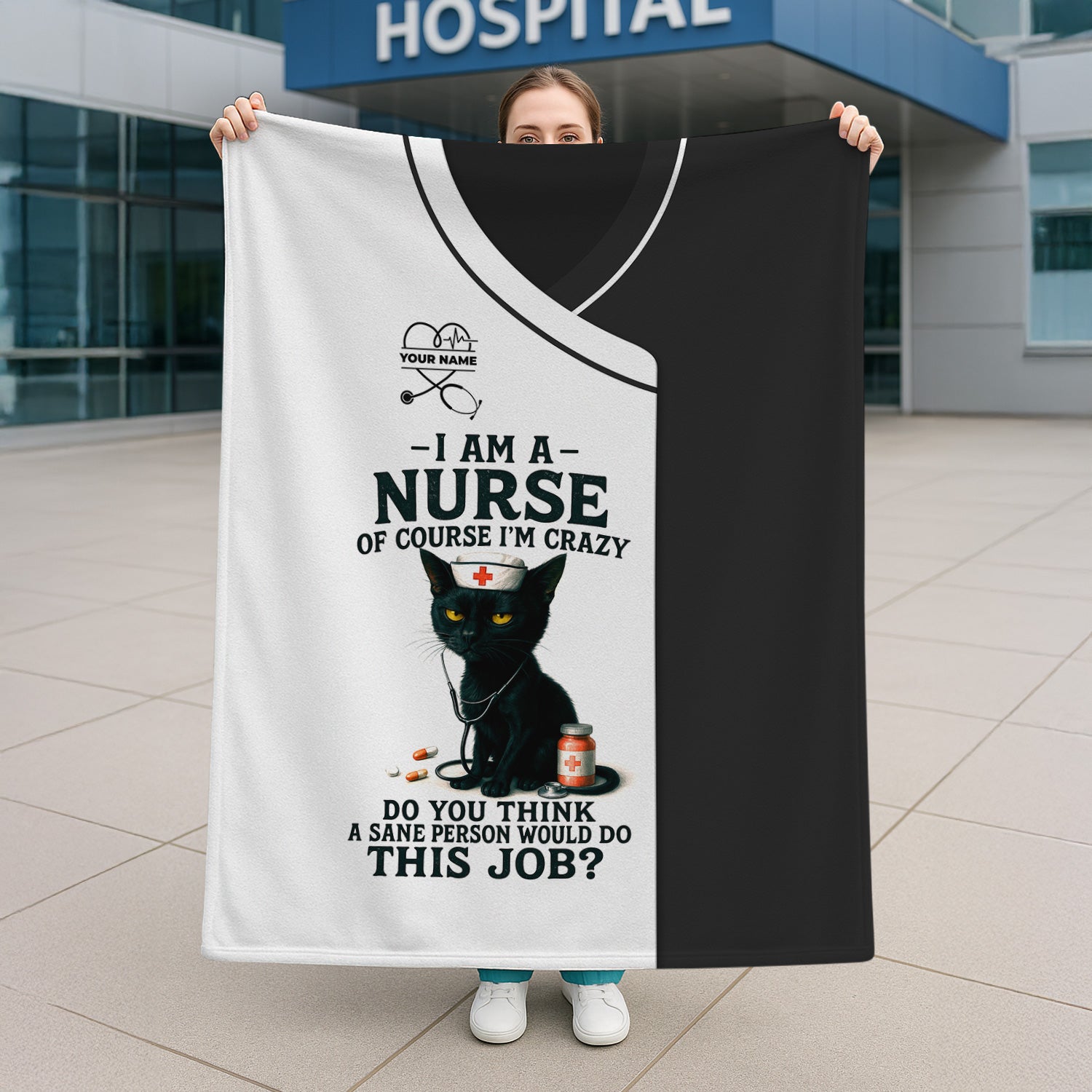 Personalized Funny Nurse Blanket - Black Cat Design with Name - Custom Throw Blanket Gift for Women Nurses