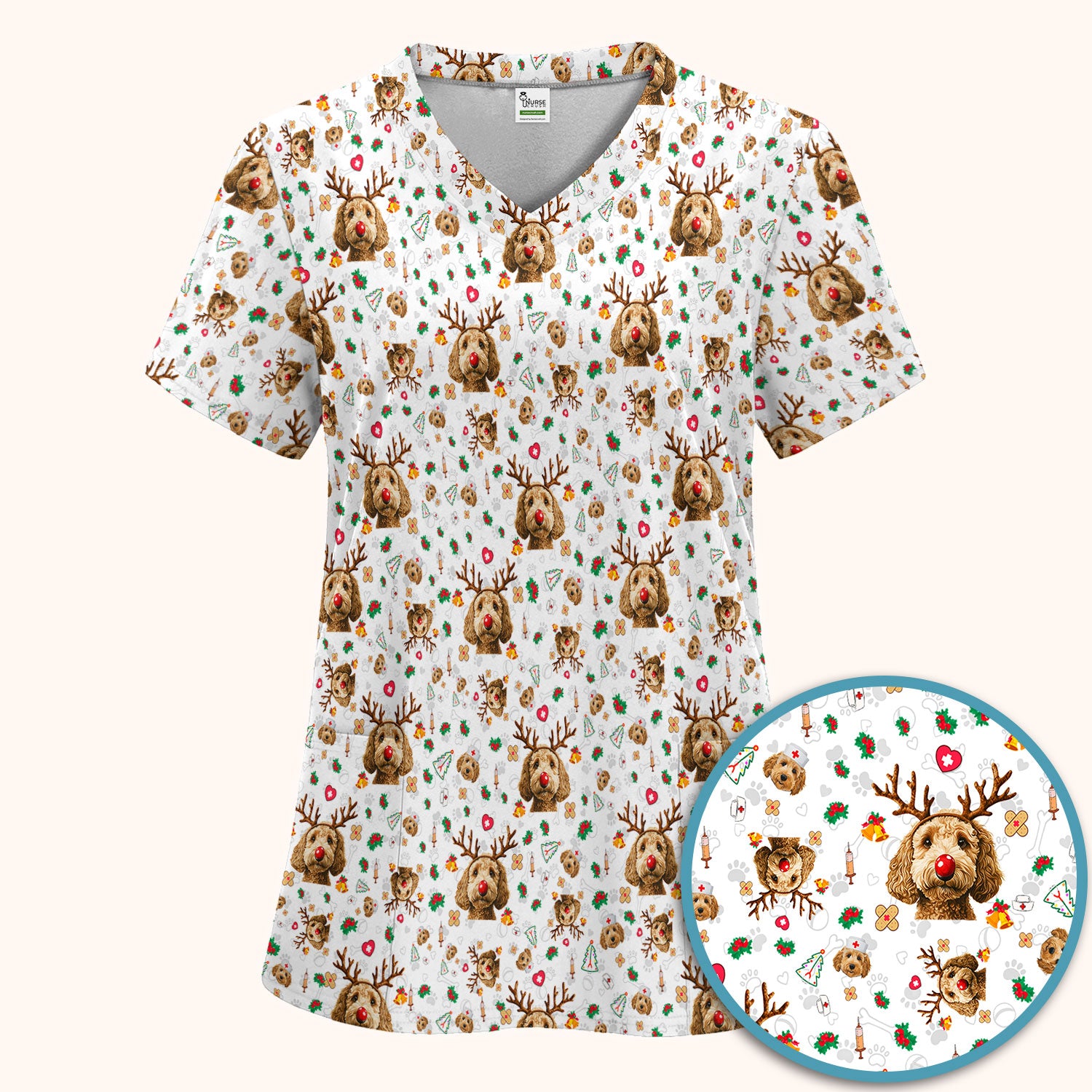 Labradoodle Reindeer Christmas Scrub Set - Funny Dog Nurse Pants and V Neck Top - Cute Holiday Medical Uniform