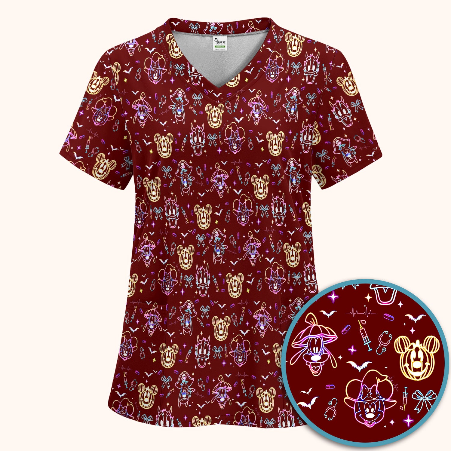 Neon Mouse Halloween Scrub Set for Nurses - Spooky Faces and Scary Pumpkin Scrub Pants and V Neck Shirt - Funny Med Uniform