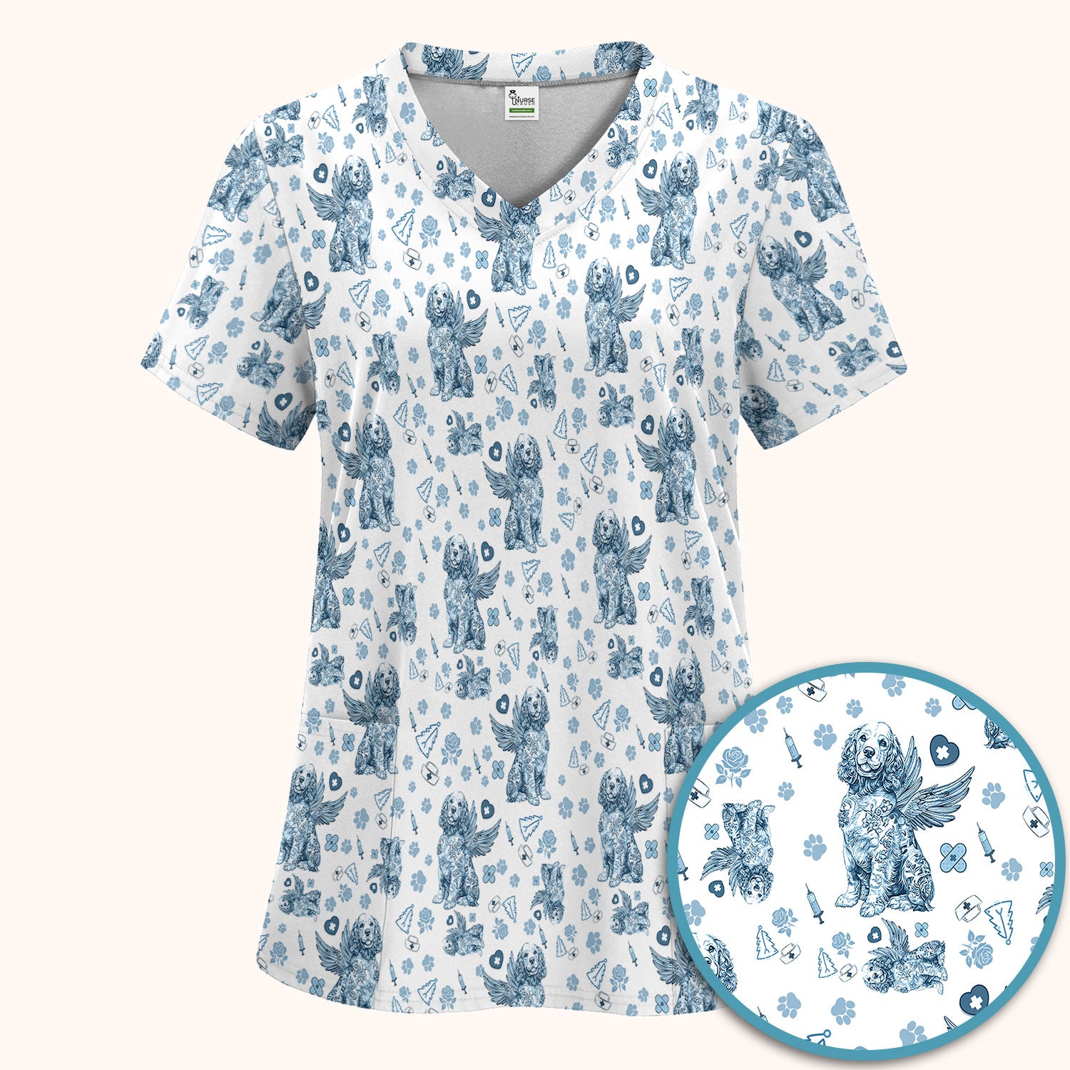 Toile De Jouy Scrub Set for Nurses - Angel Puppy Medical Uniform - Floral Dog in Heaven Gift for Women, Vet Techs, RN CNA LPN