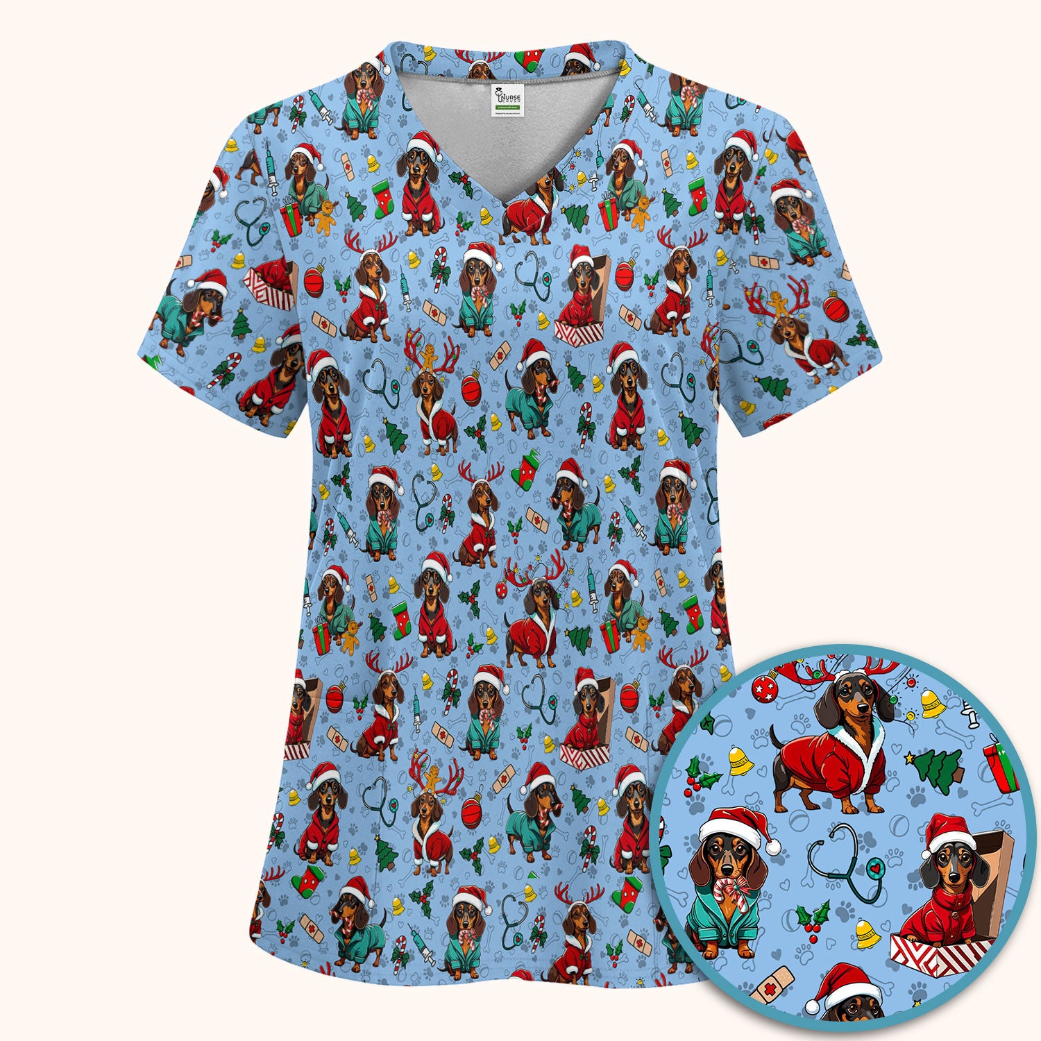 Christmas Dachshund Scrub Set for Nurses - Cute Sausage Dog Holiday - Funny Reindeer & Santa Scrubs Pants and V Neck Top
