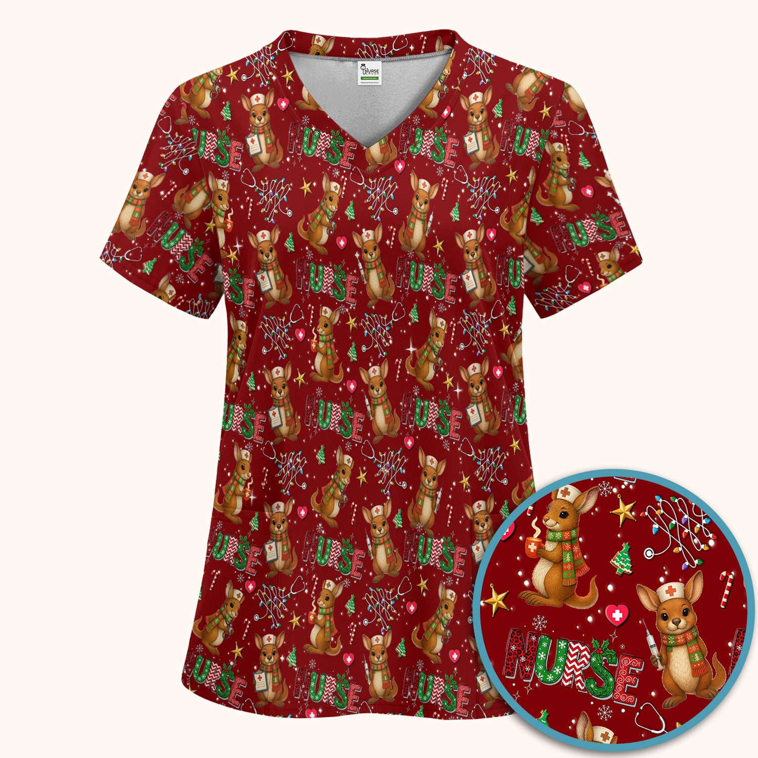 Christmas Kangaroo Nurse Scrub Set - Cute Aussie Holiday Medical Uniform - Funny Xmas Gift for Women