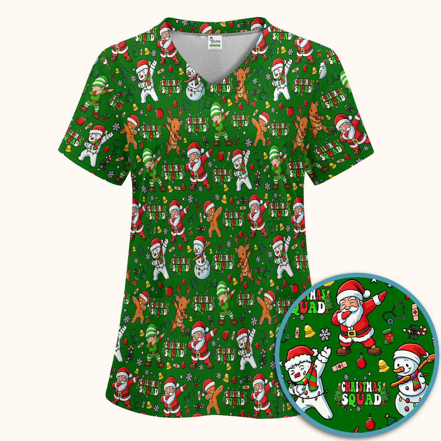 Christmas Squad Scrub Set - Dancing Santa, Reindeer & Elf Pants and V Neck Top - Funny Holiday Gift for Nurses, Doctors & Vet Techs