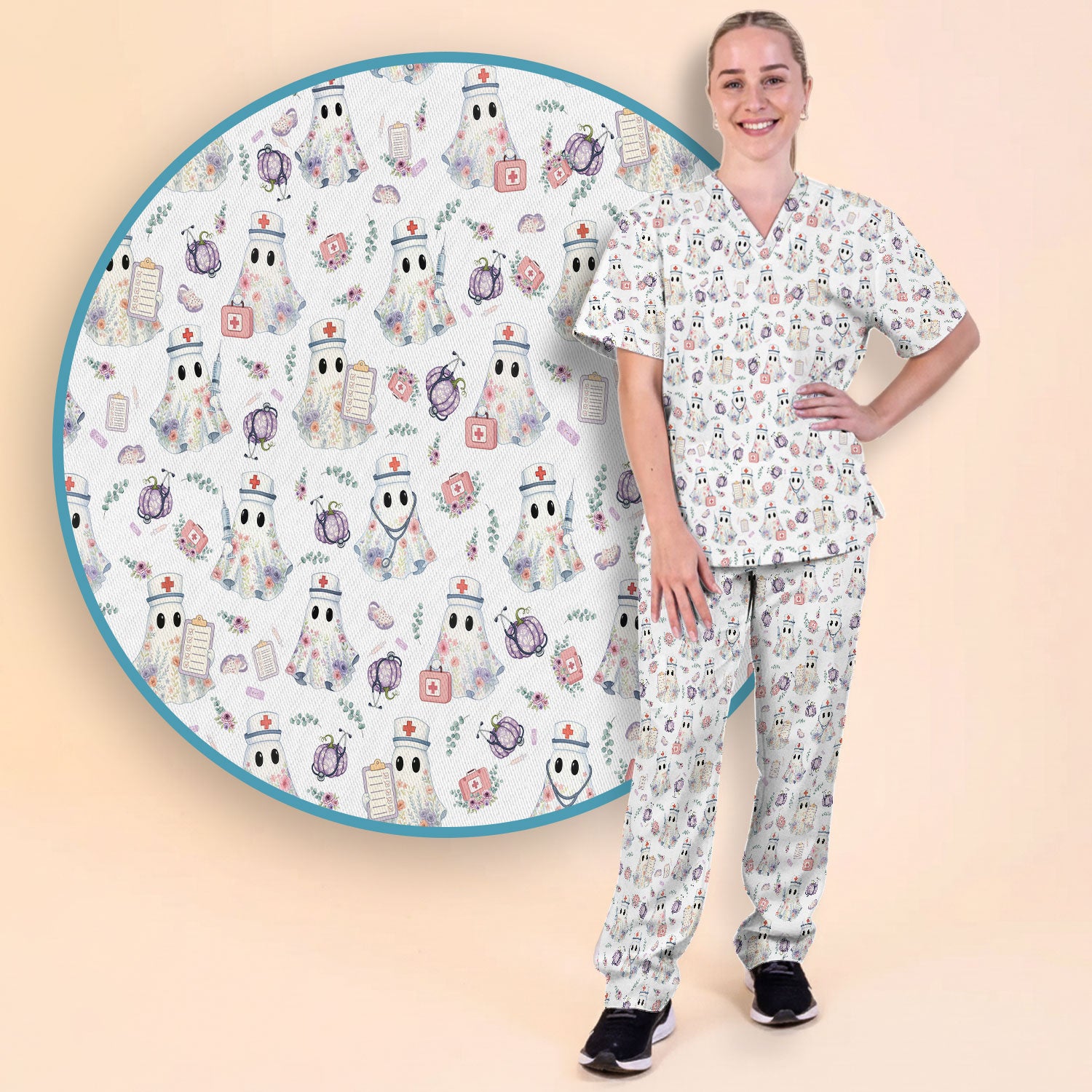 Ghost Nurse Medical Uniform - Cute Boo Halloween Scrub Set - Purple Pumpkin Scrub Pants - Funny Halloween Sweatshirts