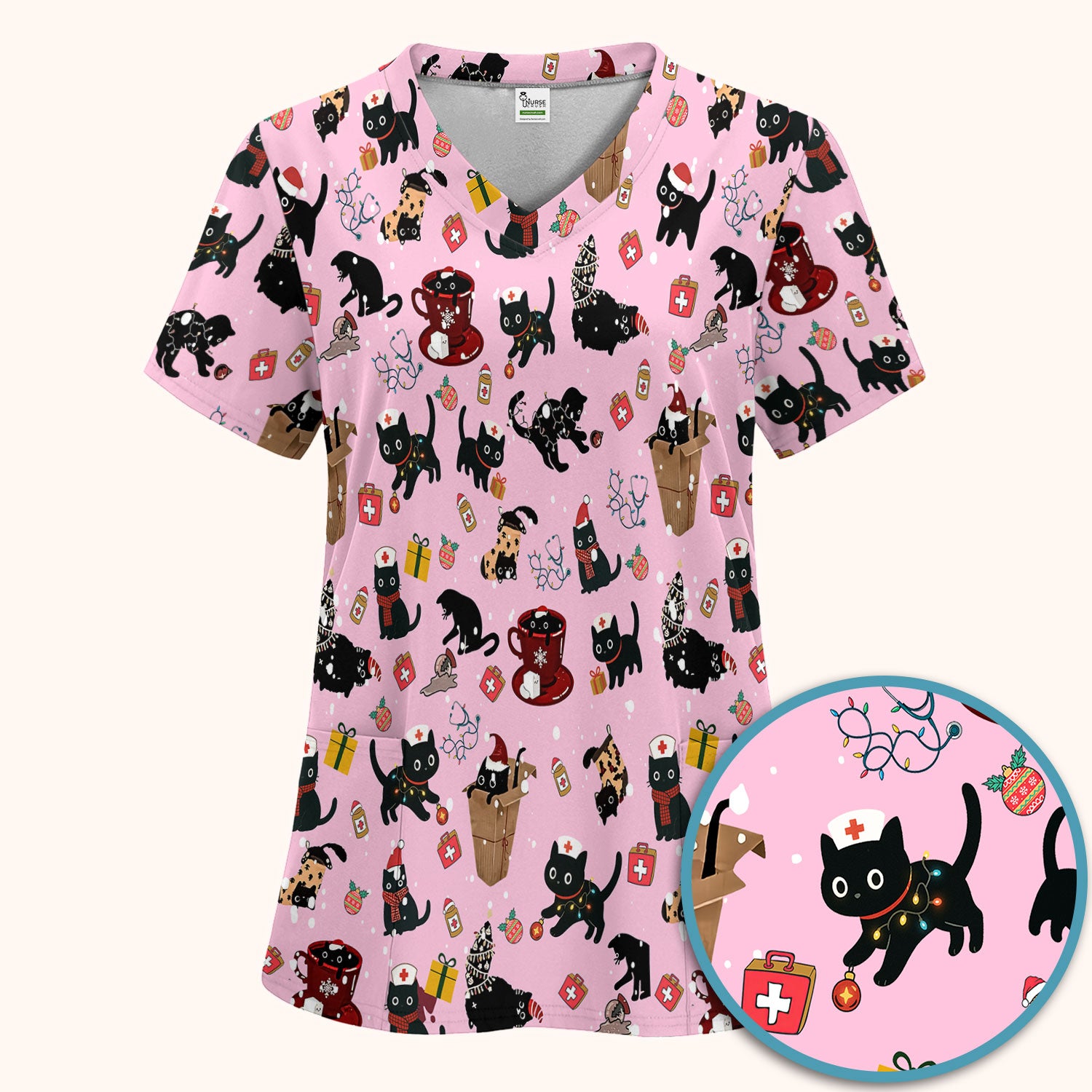 Funny Cat Scrub Sets for Women - Christmas Black Cats Pants and V Neck Top - Breathable Fabrics Nursing Uniform