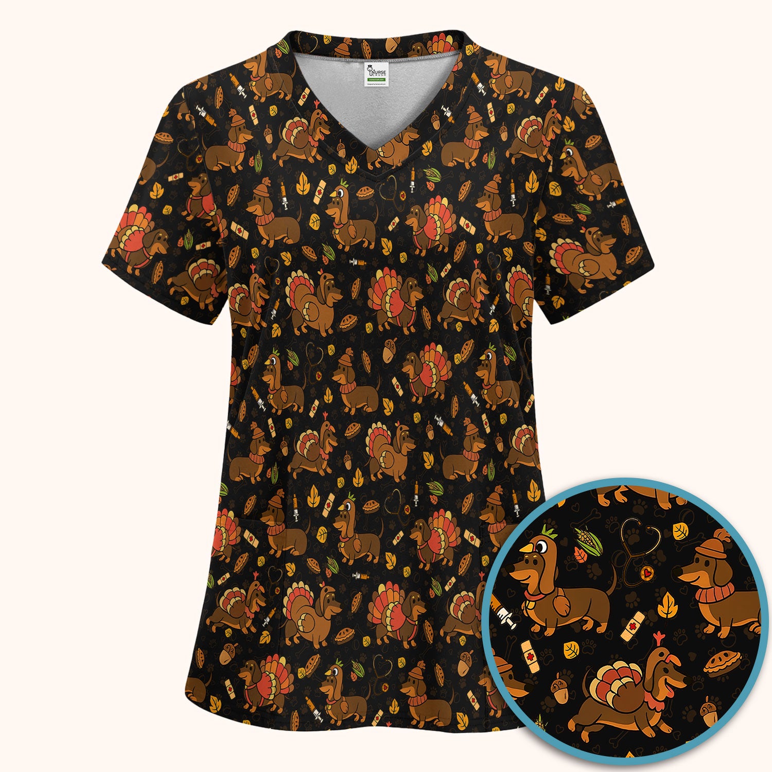 Thanksgiving Dachshund Scrubs Set - Cute Dog Turkey Medical Uniform for Nurses - Funny Holiday Gift for RN CNA LPN
