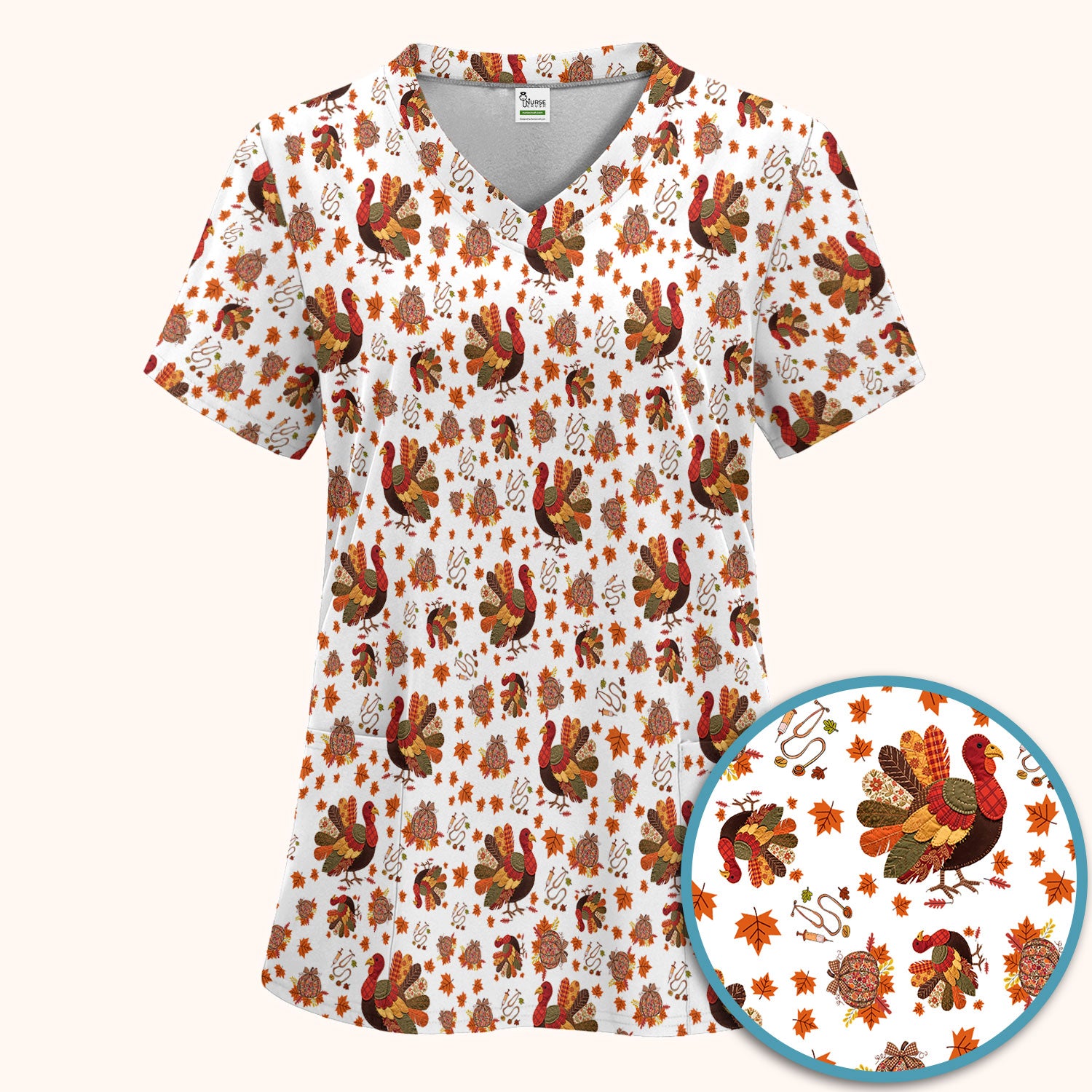 Thanksgiving Turkey Nurse Scrub Sets for Women - Fall Leaves Scrub Pants and V Neck Top - Autumn Nursing Uniform