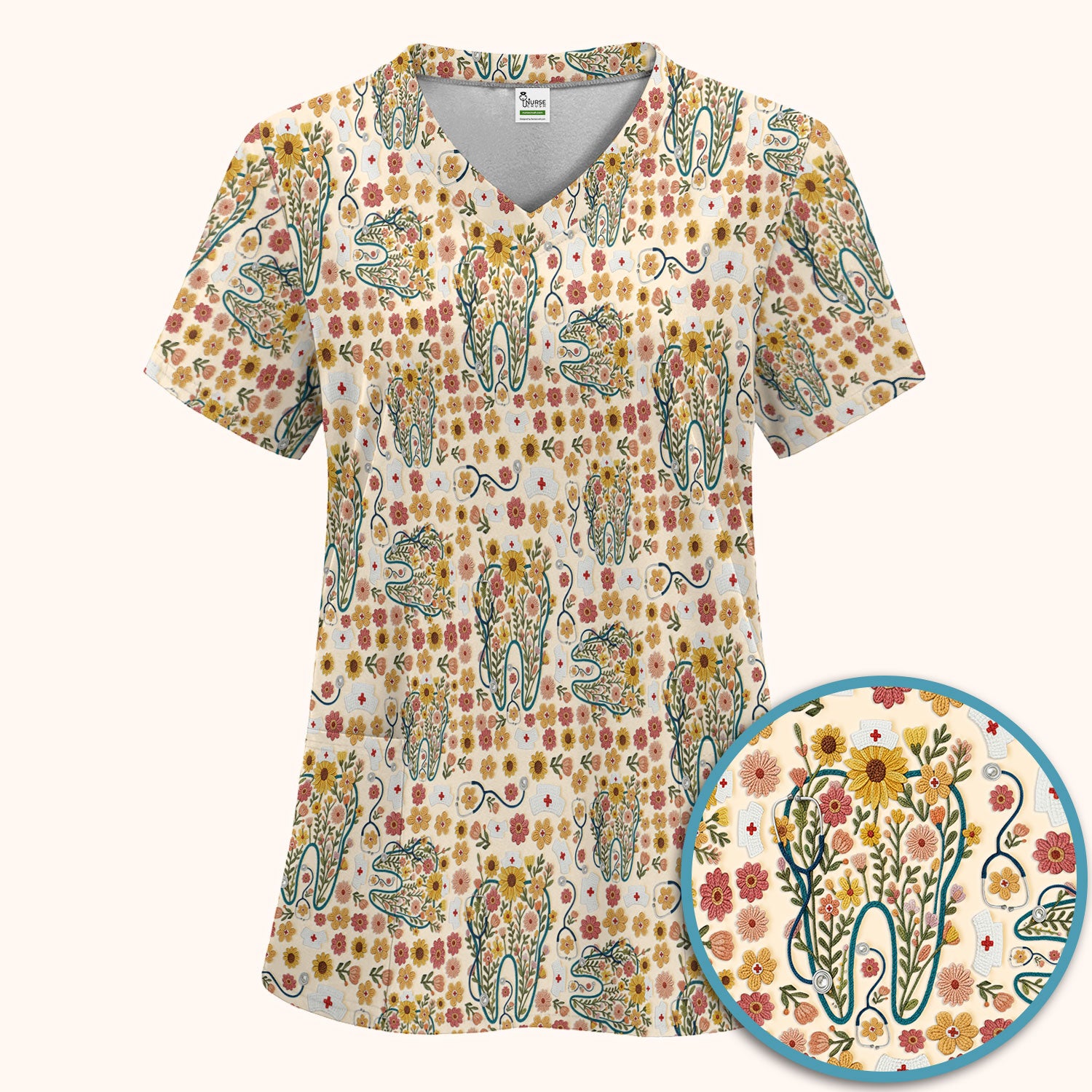 Boho Floral Tooth Scrub Set - Aesthetic Dental Scrubs Pants and V Neck - Cute Flower Tooth Medical Uniform - Hygienist Christmas Gift