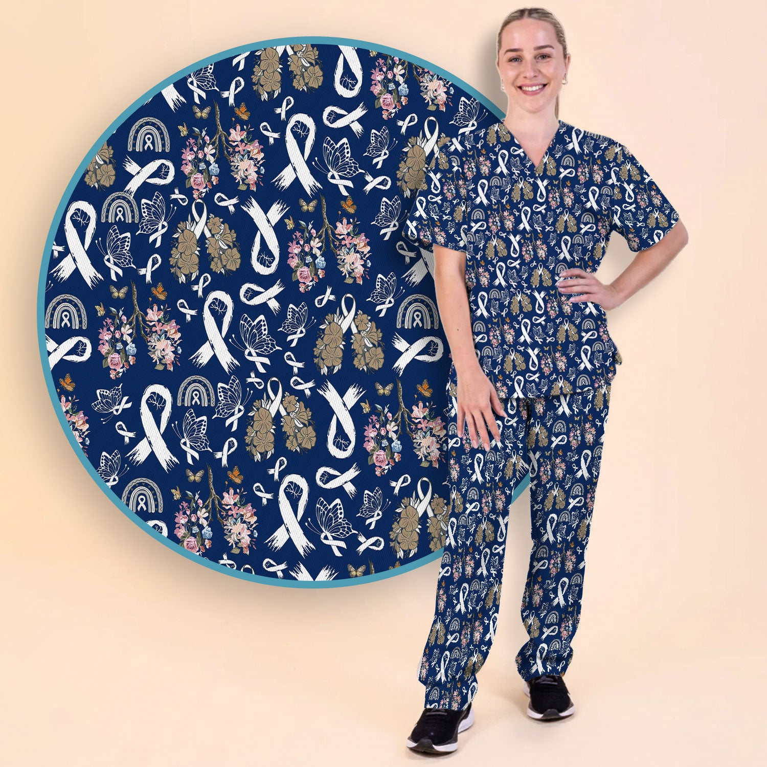 Lung Cancer Awareness Scrub Sets for Women - White Ribbon Butterfly Floral Scrub Pants and V Neck Top - Comfortable Med Uniform for Her