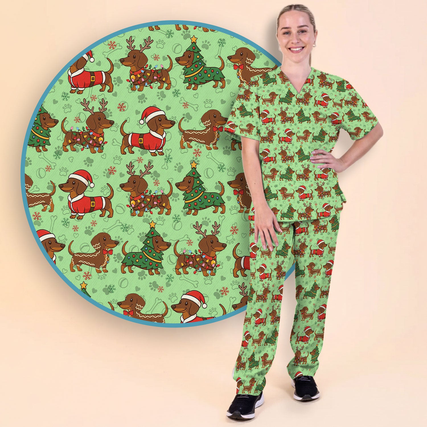 Christmas Weenie Dog Scrub Sets - Xmas Dachshund Scrub Pants - Cute Sausage Puppy V Neck Top - Ugly Sweater for Pet Lover