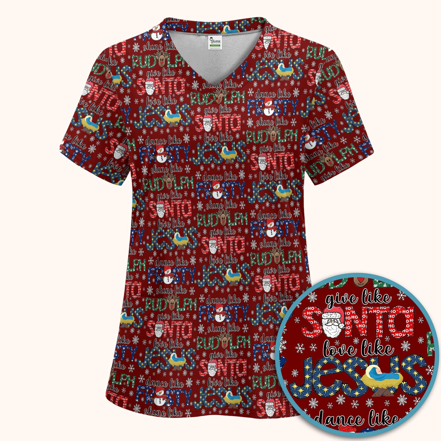 Xmas Rudolph Comfortable Scrub Set for Nurses - God Santa Scrub Pants and V Neck Top - Breathable Med Uniform