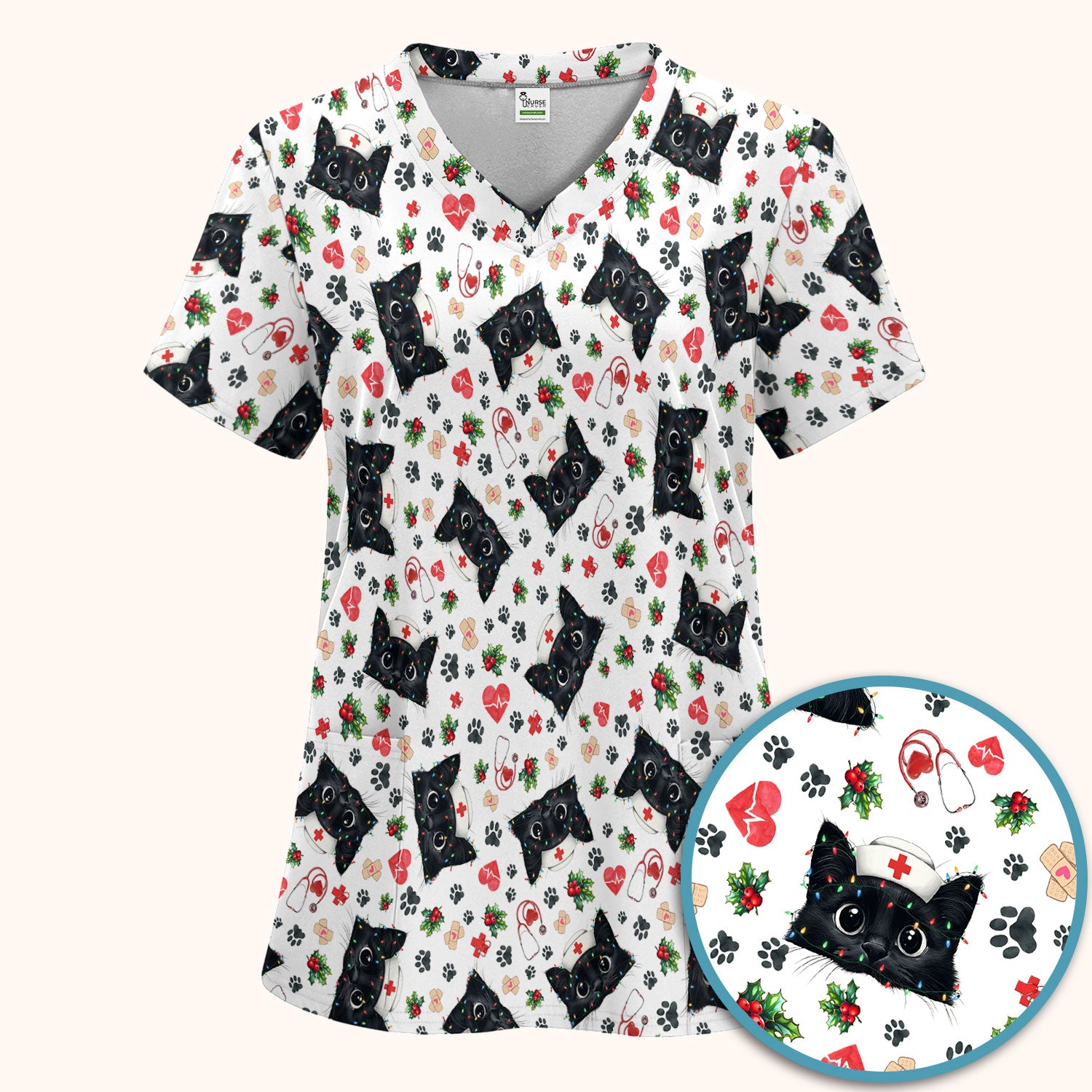 Black Cats Comfortable Scrubs for Nurses - Cute Kittens Christmas Scrubs Pants and V Neck Top - Breathable Med Uniform Gift for Women