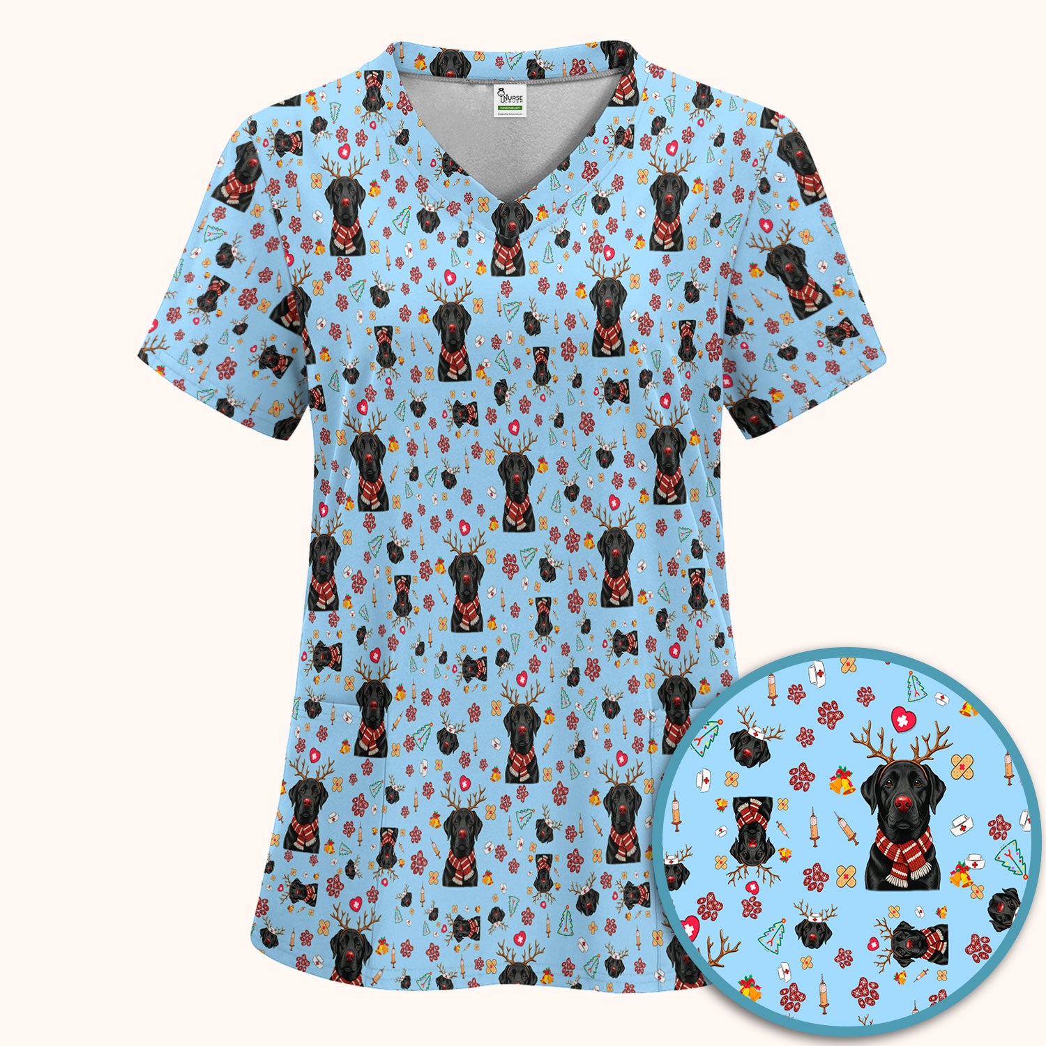 Black Lab Christmas Scrub Set - Funny Labrador Nursing Pants and V Neck Top - Cute Holiday Medical Uniform