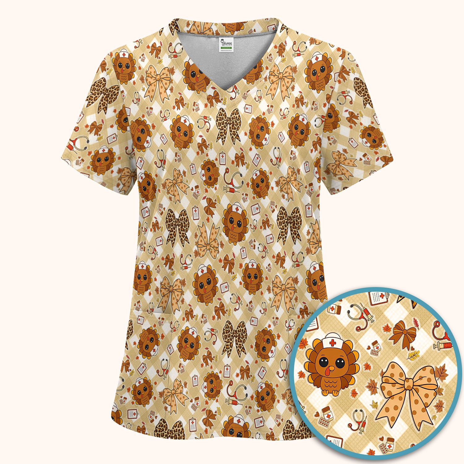 Thanksgiving Turkey Scrub Set for Nurses - Cute Fall Leaves and Bow Scrubs Pants and V Neck Top - Autumn Nursing Gift for Her