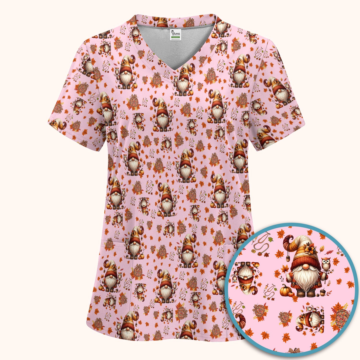 Autumn Leaves Pumpkin Scrubs Set for Women - Gnome Scrubs for Nurse Mama - Breathable Fabrics Nursing Uniform