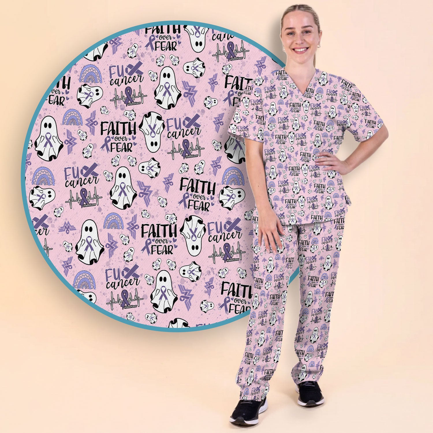 Stomach Cancer Awareness Scrub Sets - Periwinkle Blue Ribbon Survivor Scrub Pants and V Neck Top - November Warrior Gift