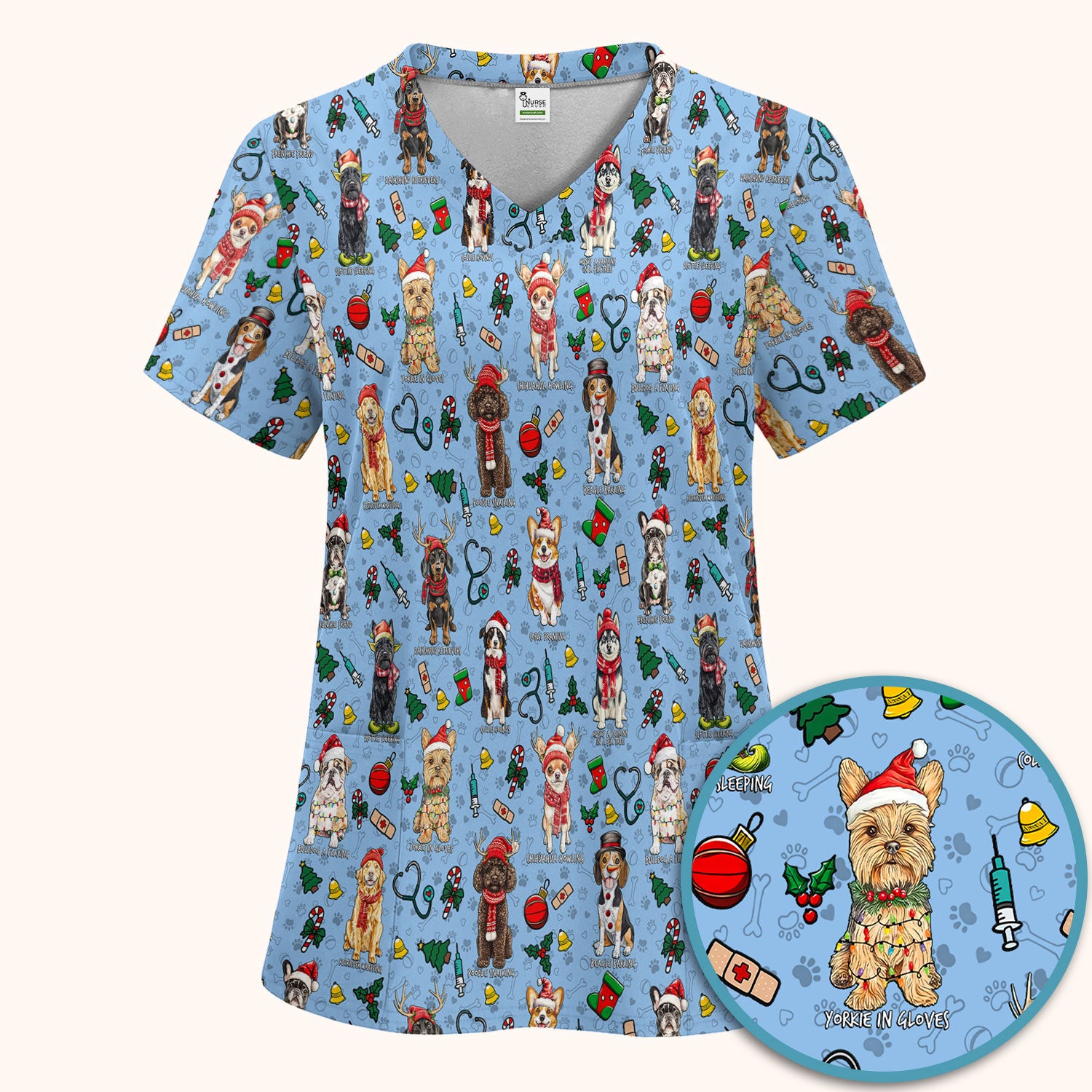 Christmas Dog Scrub Set for Nurses - Dachshund, Husky, Poodle, Corgi & Labrador Holiday Scrub Top and Pants - Funny Santa Medical Shirt