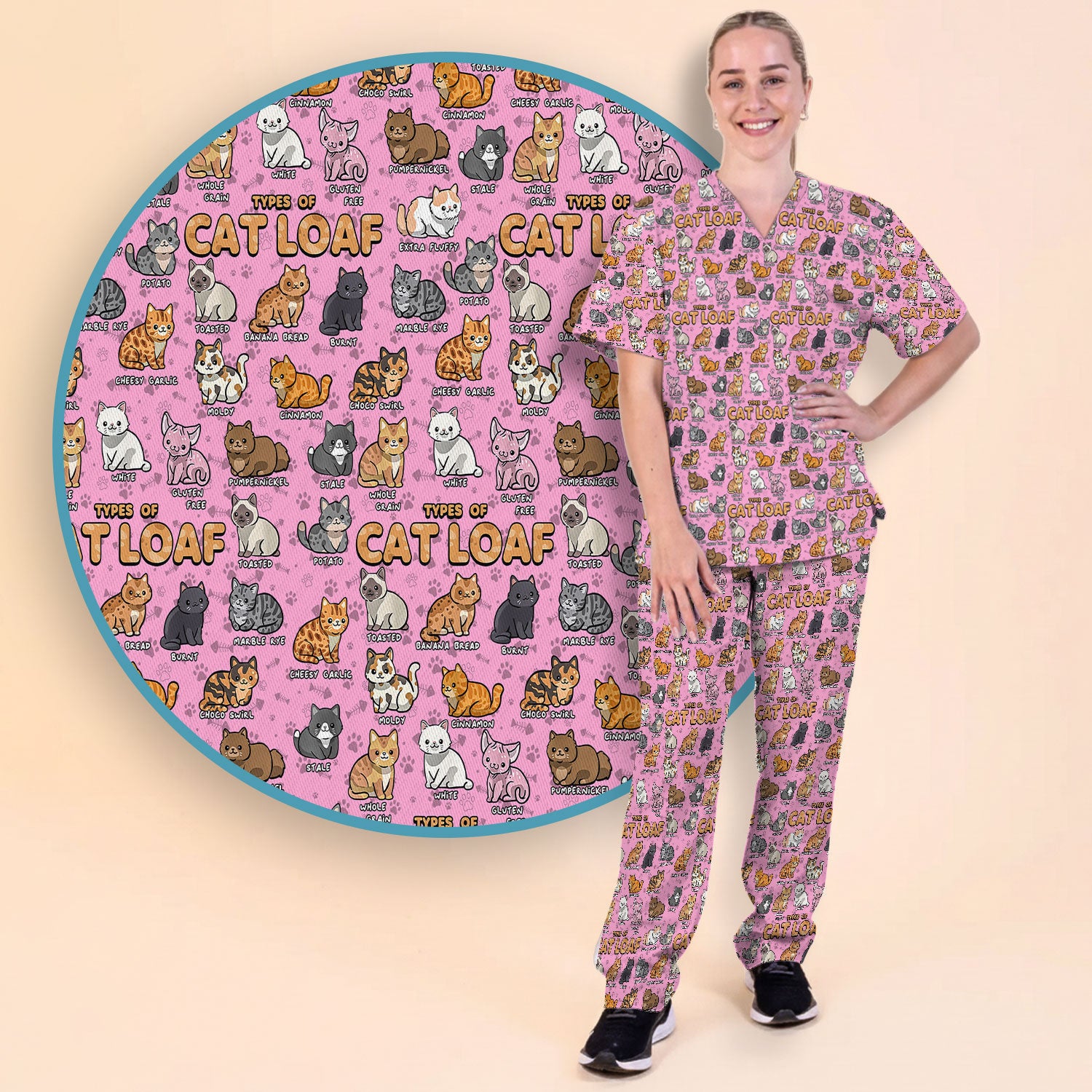 Funny Cat Loaf Nurse Scrub Set for Women - Cute Cat Medical Uniform Top and Pants - Ugly Sweater Pet Lover Gift