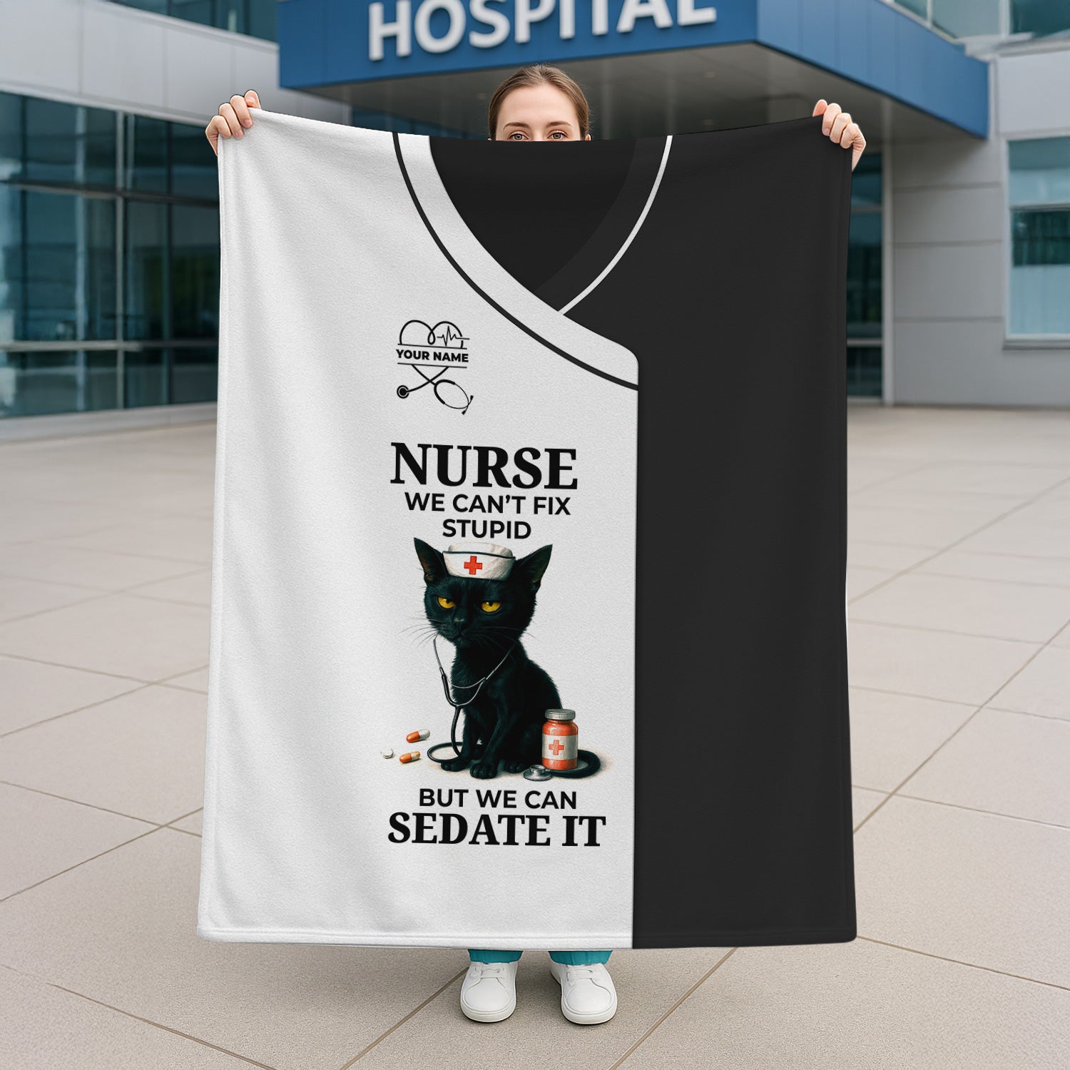 Personalized Funny Nurse Black Cat Blanket - Multiple Color Options Available - Custom Name Gift for RN CNA LPN Healthcare Workers
