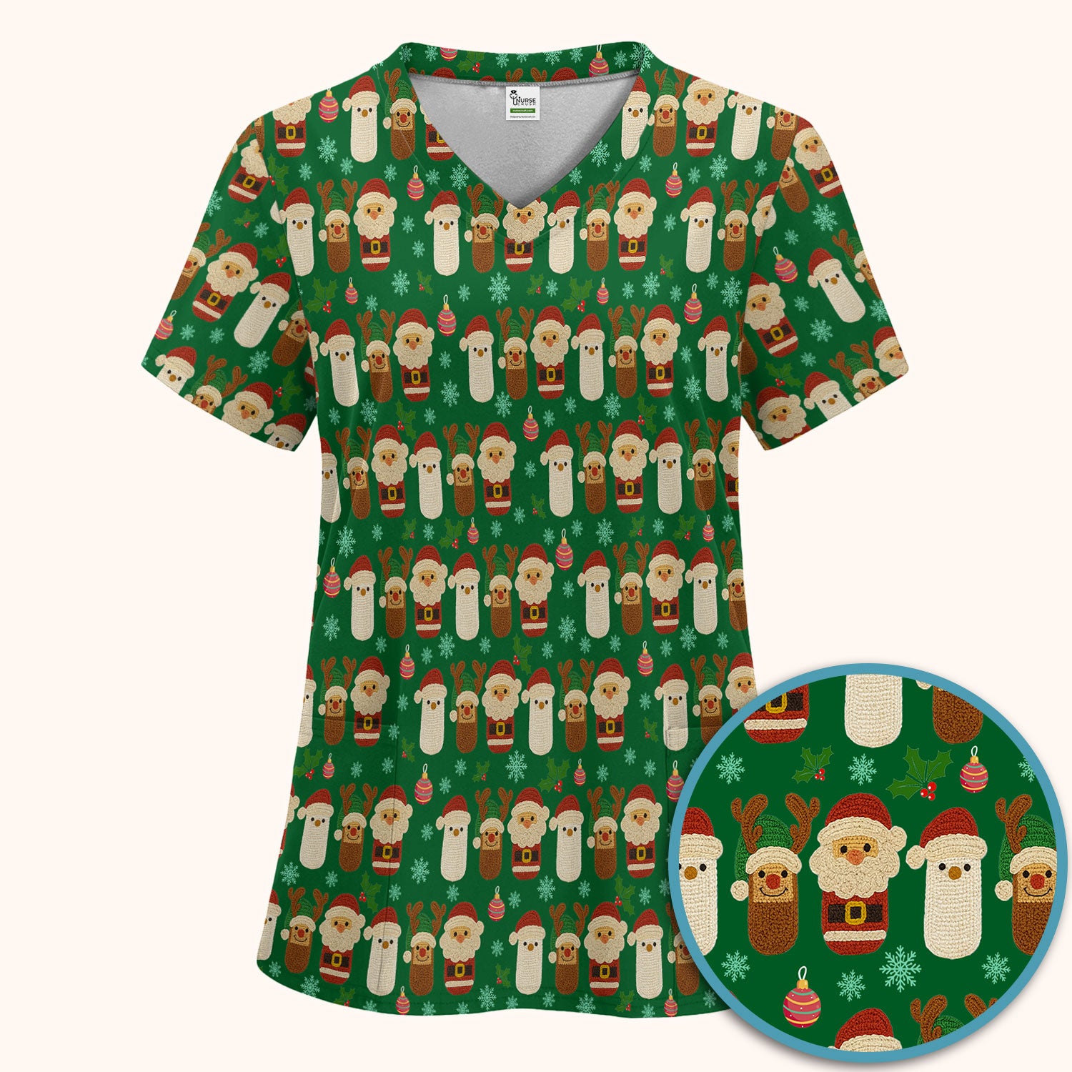 Christmas Santa Reindeer Snowman Scrub Set - Holiday Chill Pill Scrubs Pants and V Neck Top - Funny Medical Uniform for Women