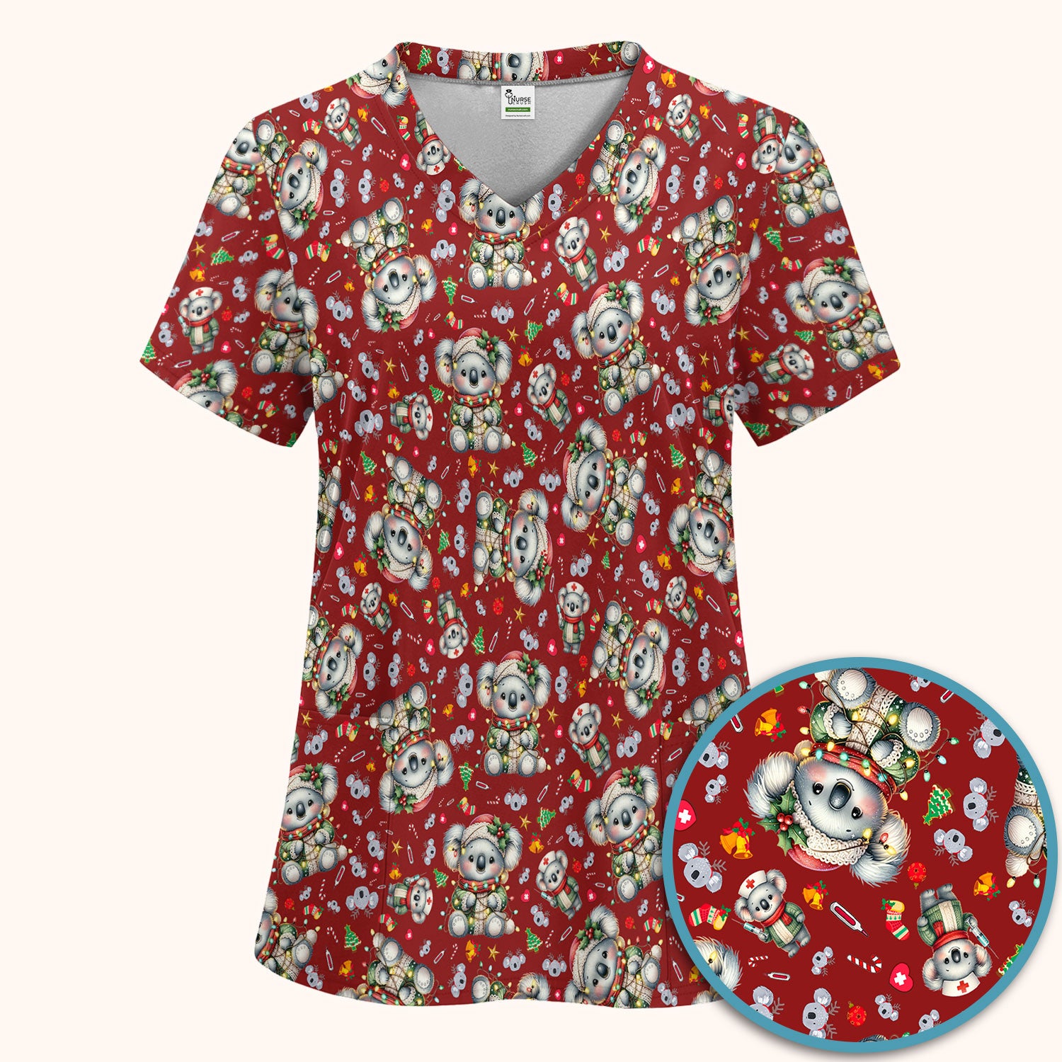 Christmas Koala Scrub Set - Cute Aussie Holiday Nursing Top and Pants - Funny Animal Medical Uniform