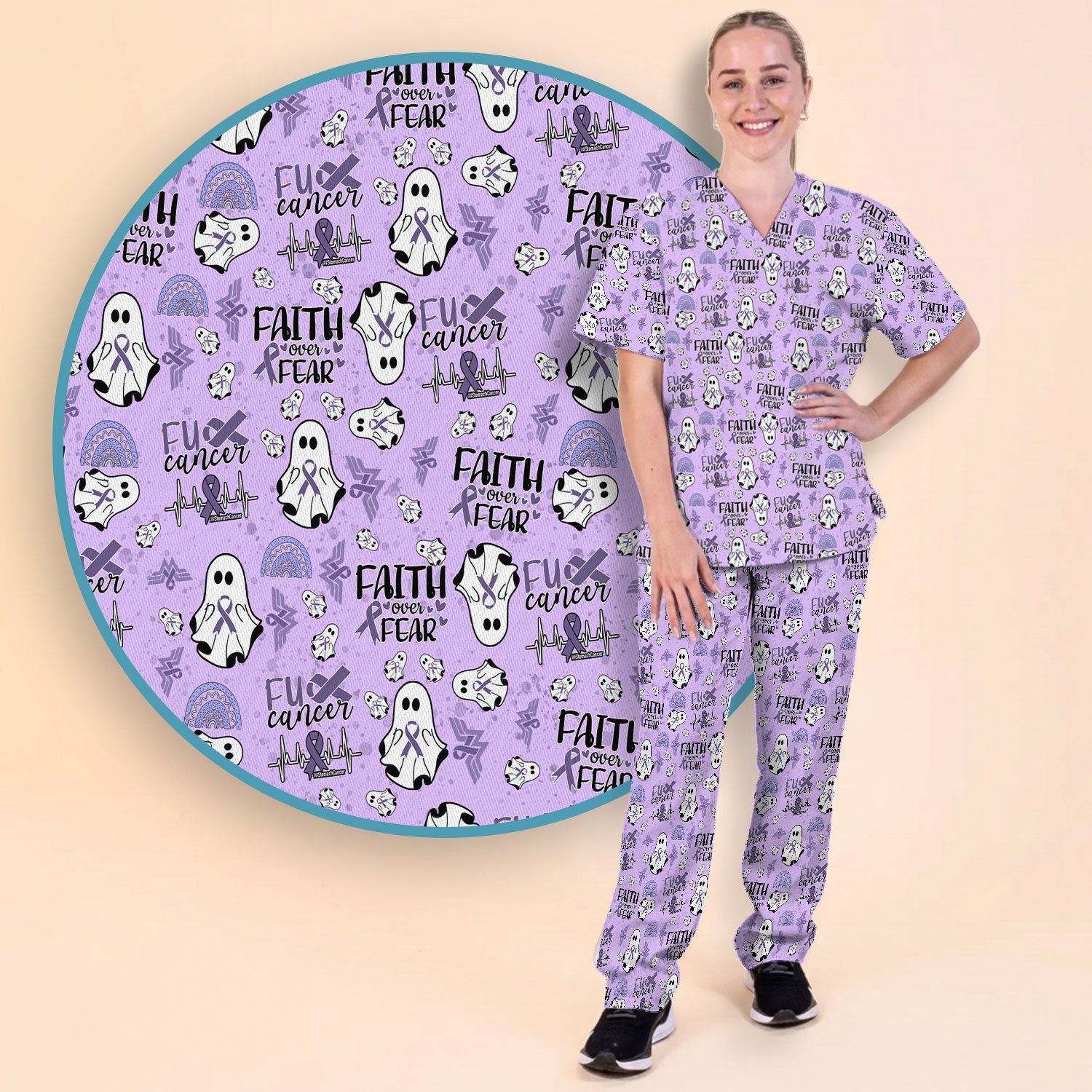 Periwinkle Ribbon Stomach Cancer Scrub Set for Women - Awareness Nurse Scrub Pants and V Neck Top - November Warrior Survivor Gift