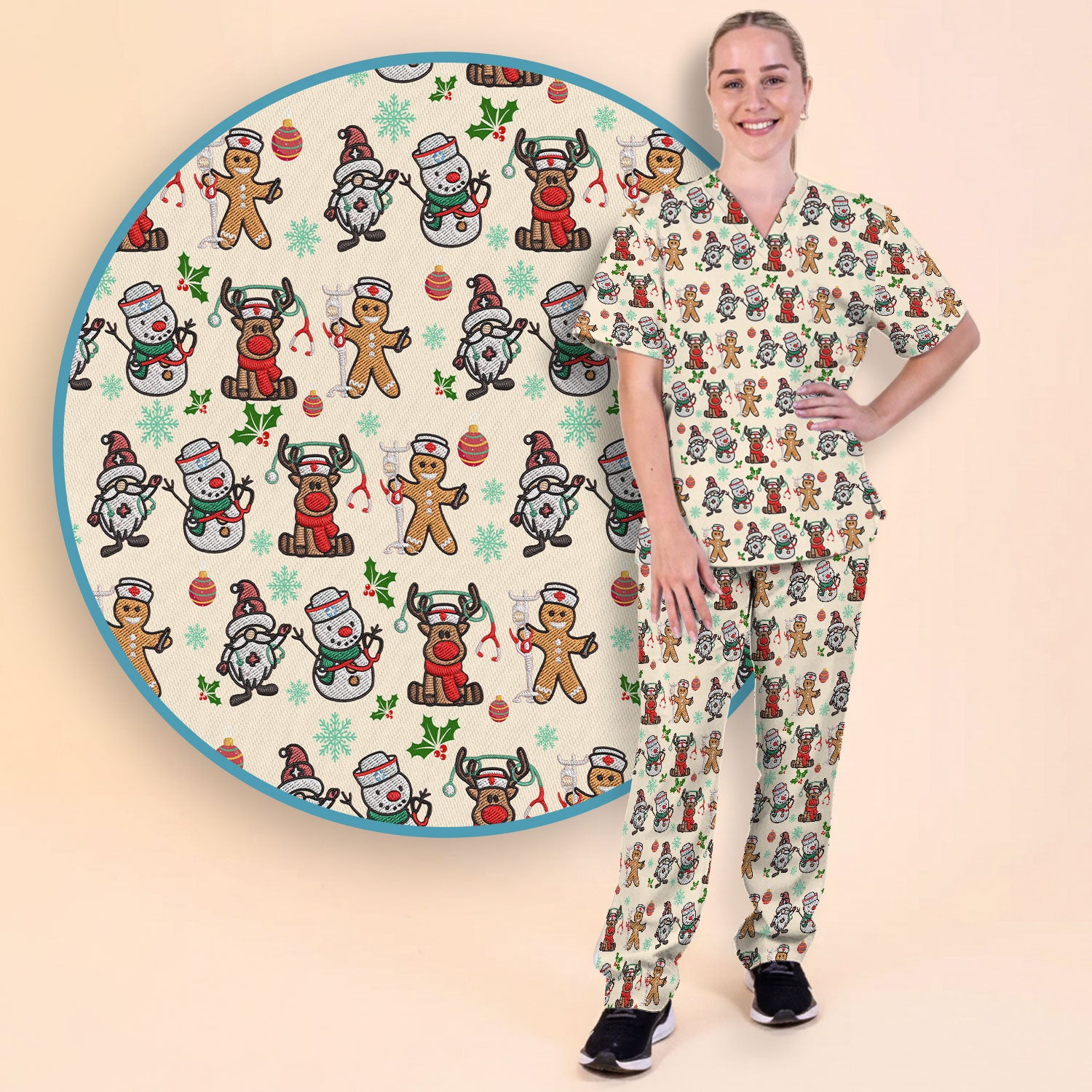 Christmas Gingerbread Scrubs Set for Women - Comfortable Scrubs for Nurses - Reindeer Santa Pants and V Neck Top