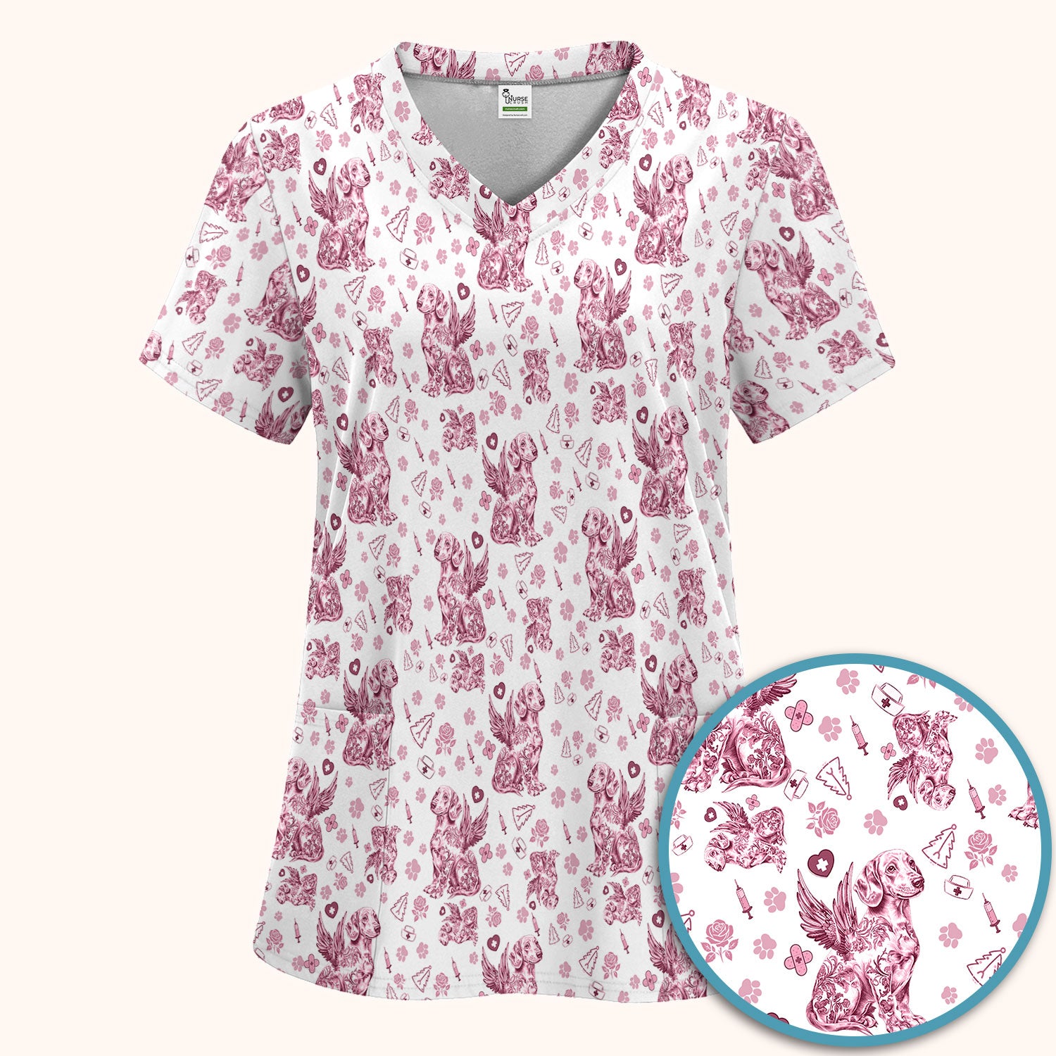 Toile de Jouy Dachshund Angel Scrub Set - Blue Vintage Wiener Dog Scrubs Pants and V Neck Top - Memorial Puppy Gift