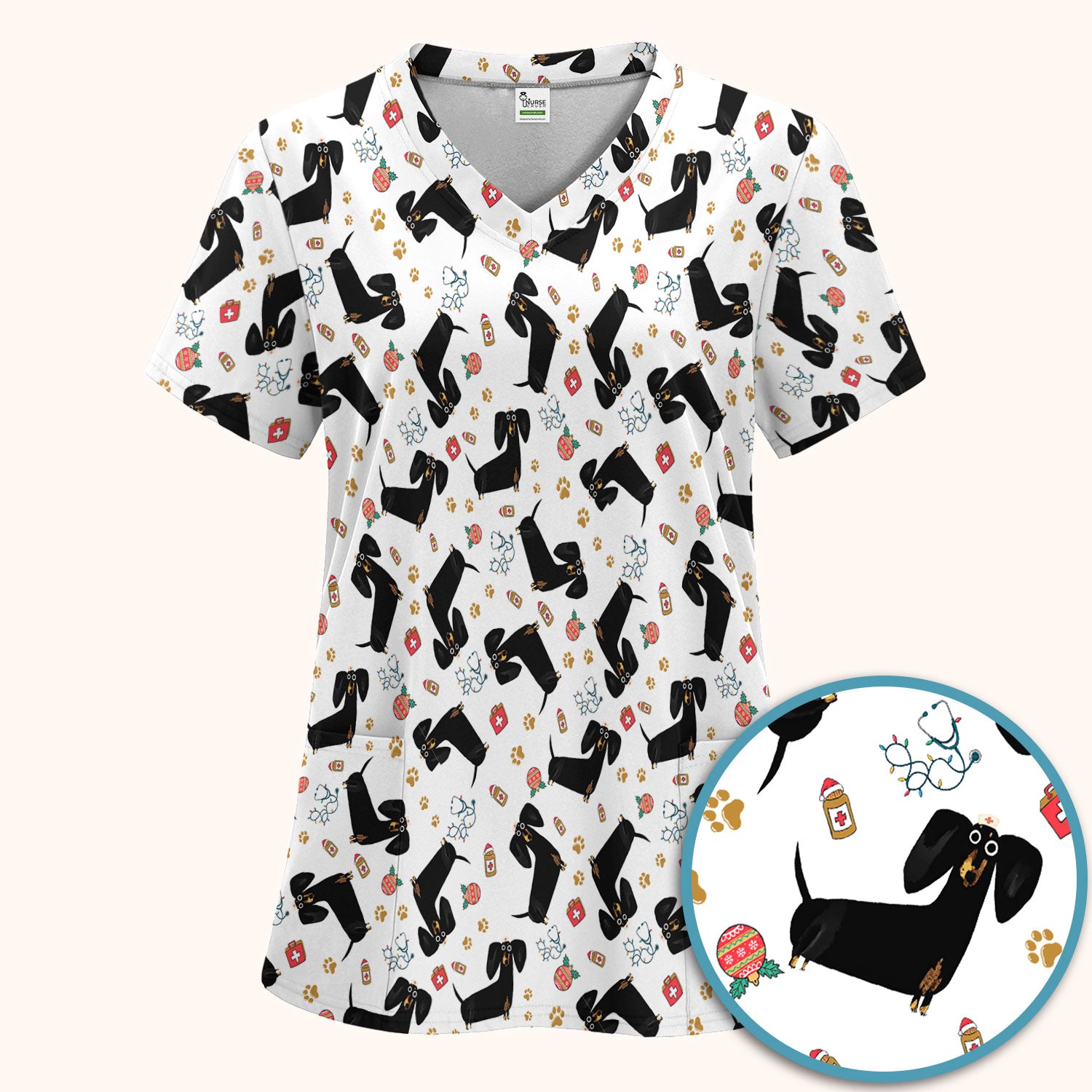 Funny Wiener Dog Scrub Sets for Nurses - Cute Black Dachshund Pants and V Neck Top - Dog Lover Nursing Uniform Gift for Women
