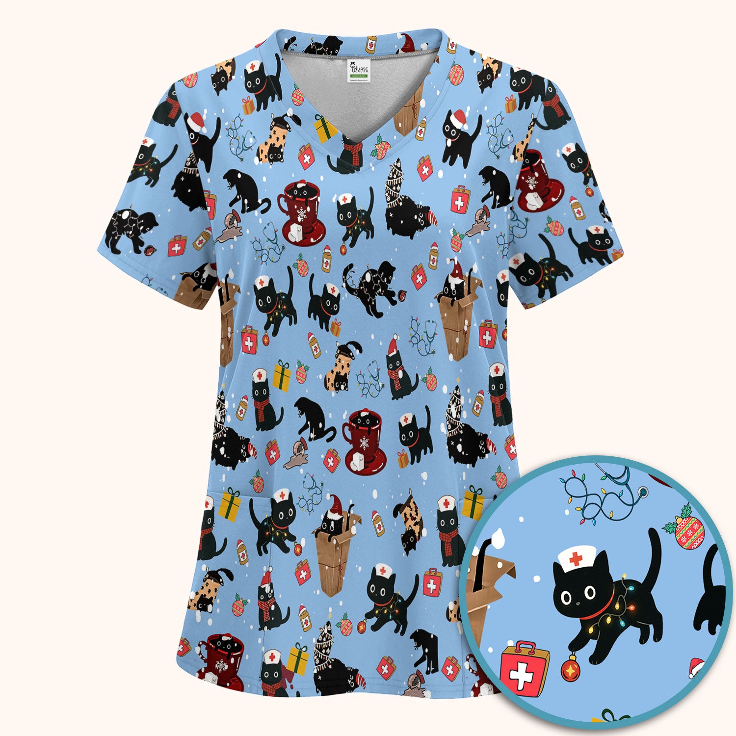 Funny Cat Scrub Sets for Women - Christmas Black Cats Pants and V Neck Top - Breathable Fabrics Nursing Uniform