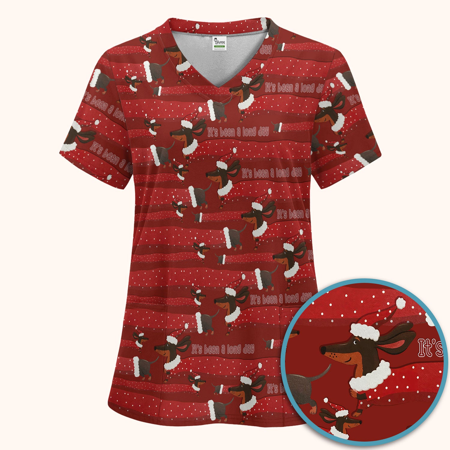 Funny Dachshund Christmas Scrub Set - It's Been a Long Day - Cute Wiener Dog Scrubs Pants and V Neck Top - Medical Uniform for Women