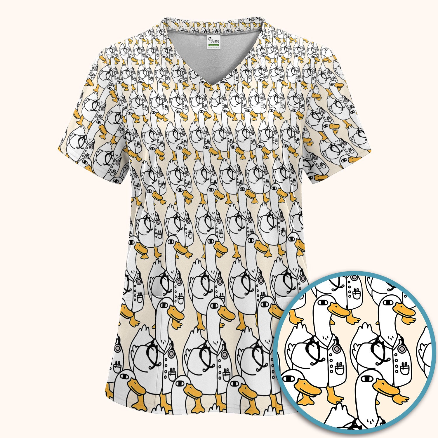 Funny Duck Scrub Set for Women - I'm a Doctor Scrubs Pants and V Neck Top - Cute Duck In The Row - Comfortable Nursing Uniform