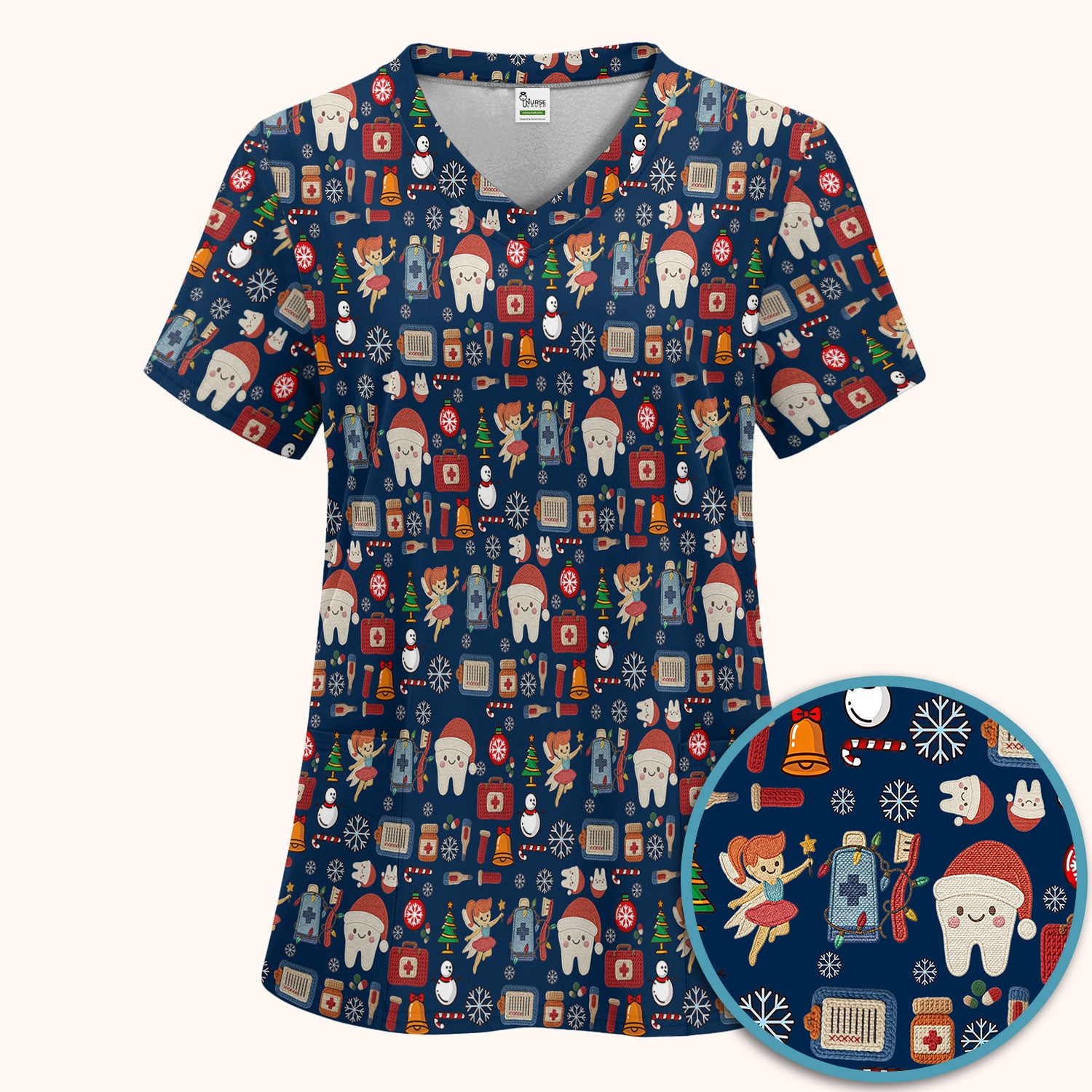 Christmas Dental Scrub Set - Cute Santa Tooth & Snowman Scrubs Pants and V Neck Top - Funny Holiday Gift for Dentists, Hygienists