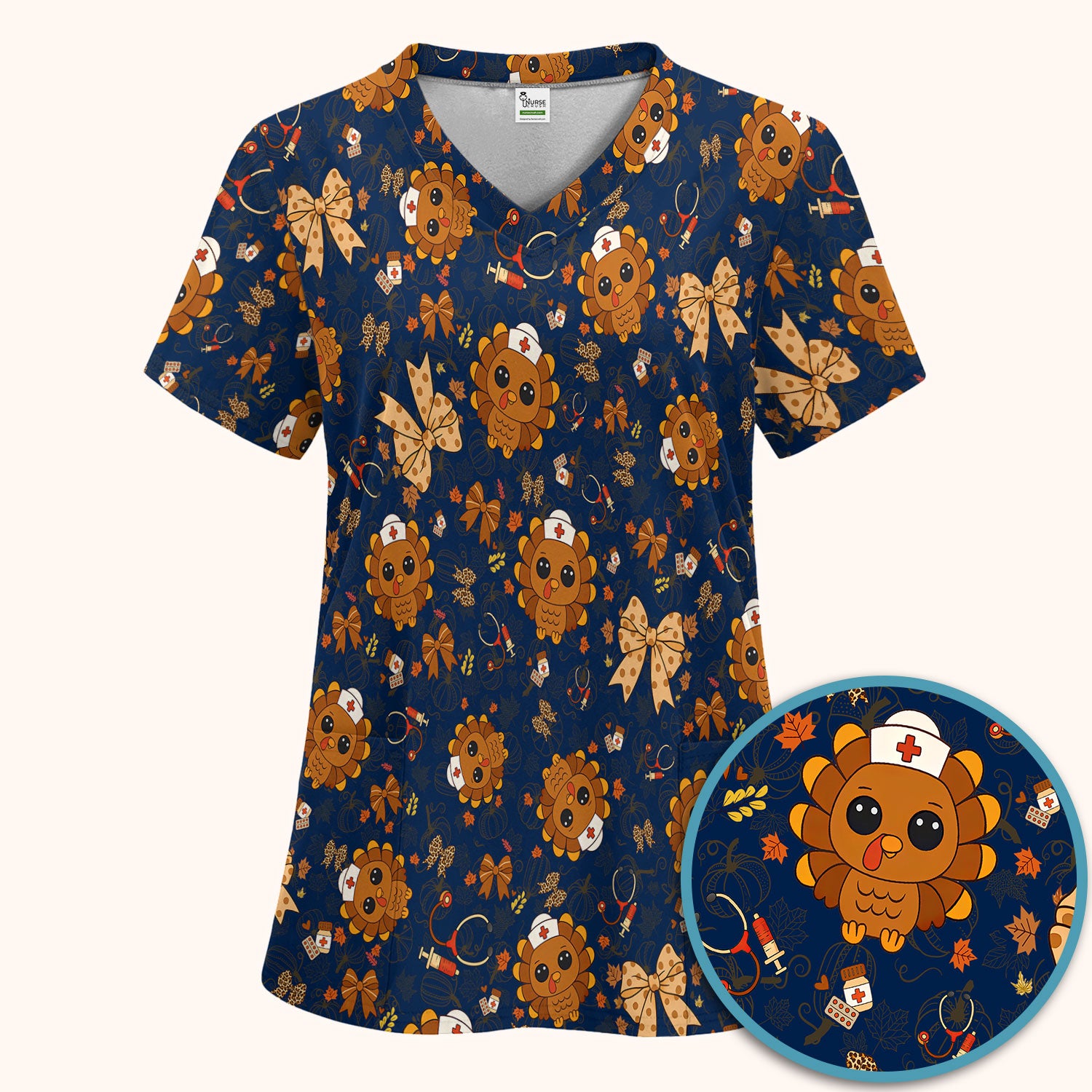 Thanksgiving Turkey Nurse Scrub Set for Women - Cute Fall Leaves and Bow Scrub Pants and V Neck Top - Autumn Medical Uniform