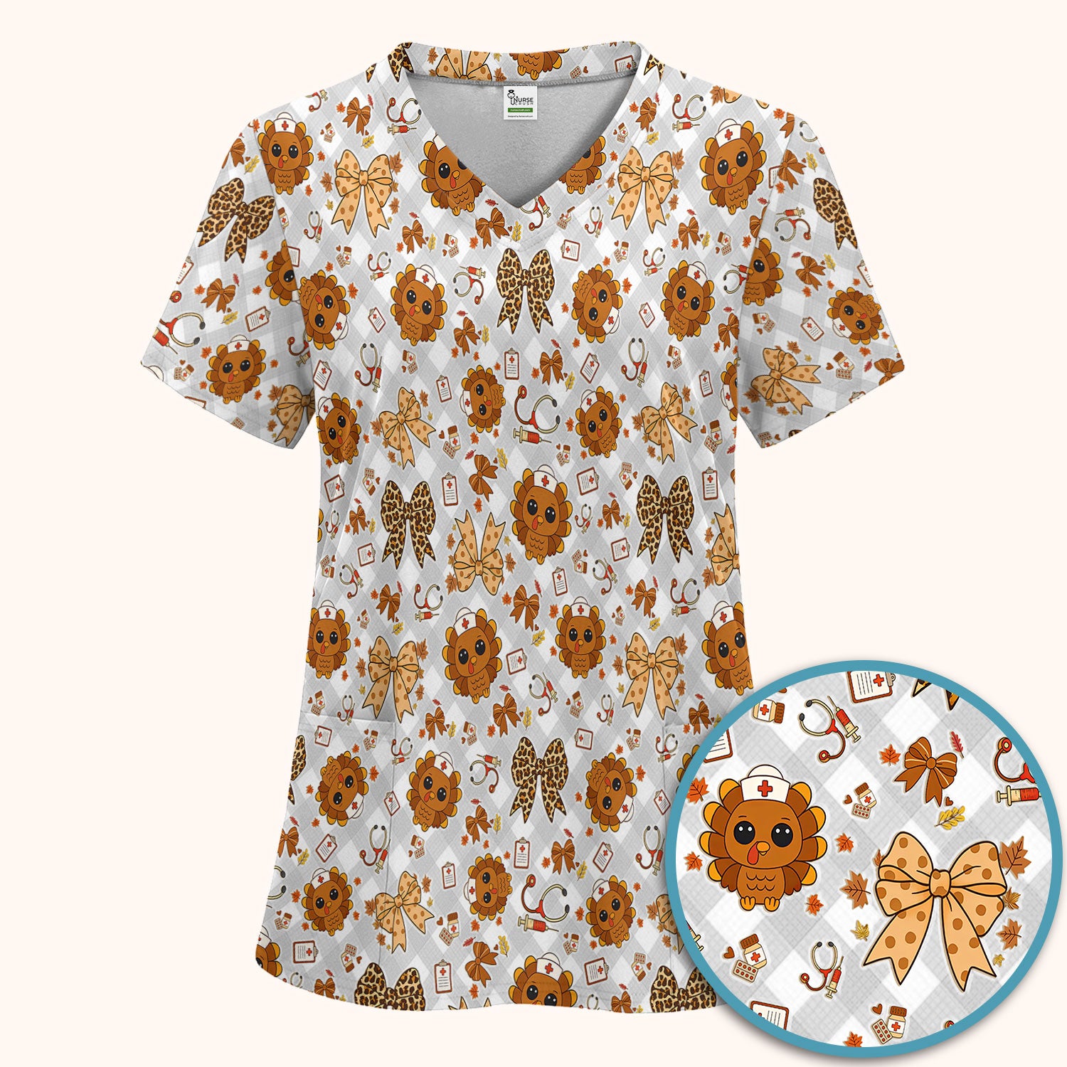Thanksgiving Turkey Scrub Set for Nurses - Cute Fall Leaves and Bow Scrubs Pants and V Neck Top - Autumn Nursing Gift for Her