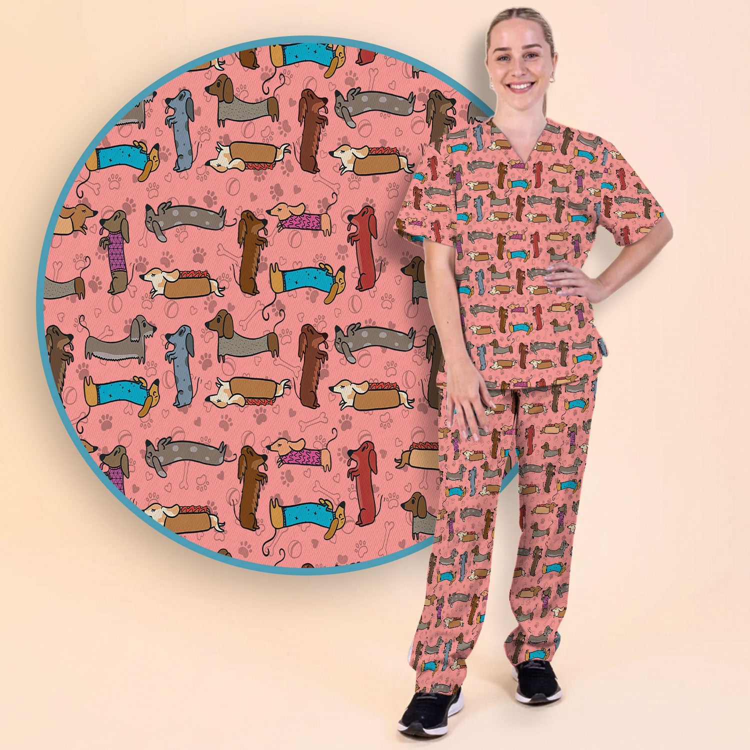 Cute Dachshund Women's Scrub Sets - Funny Sausage Dog Scrub Pants and V Neck Top - Breathable Med Uniform - Nursing Gift