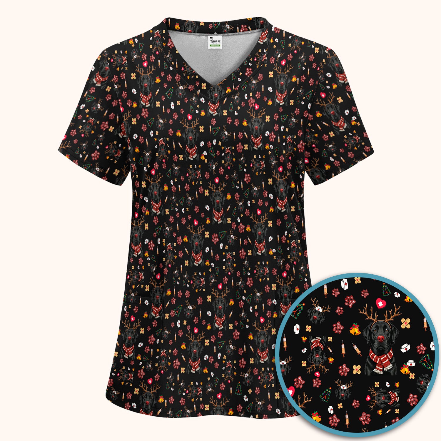 Funny Black Lab Reindeer Scrub Set - Christmas Dog Nurse Pants and V Neck Top - Cute Holiday Medical Uniform