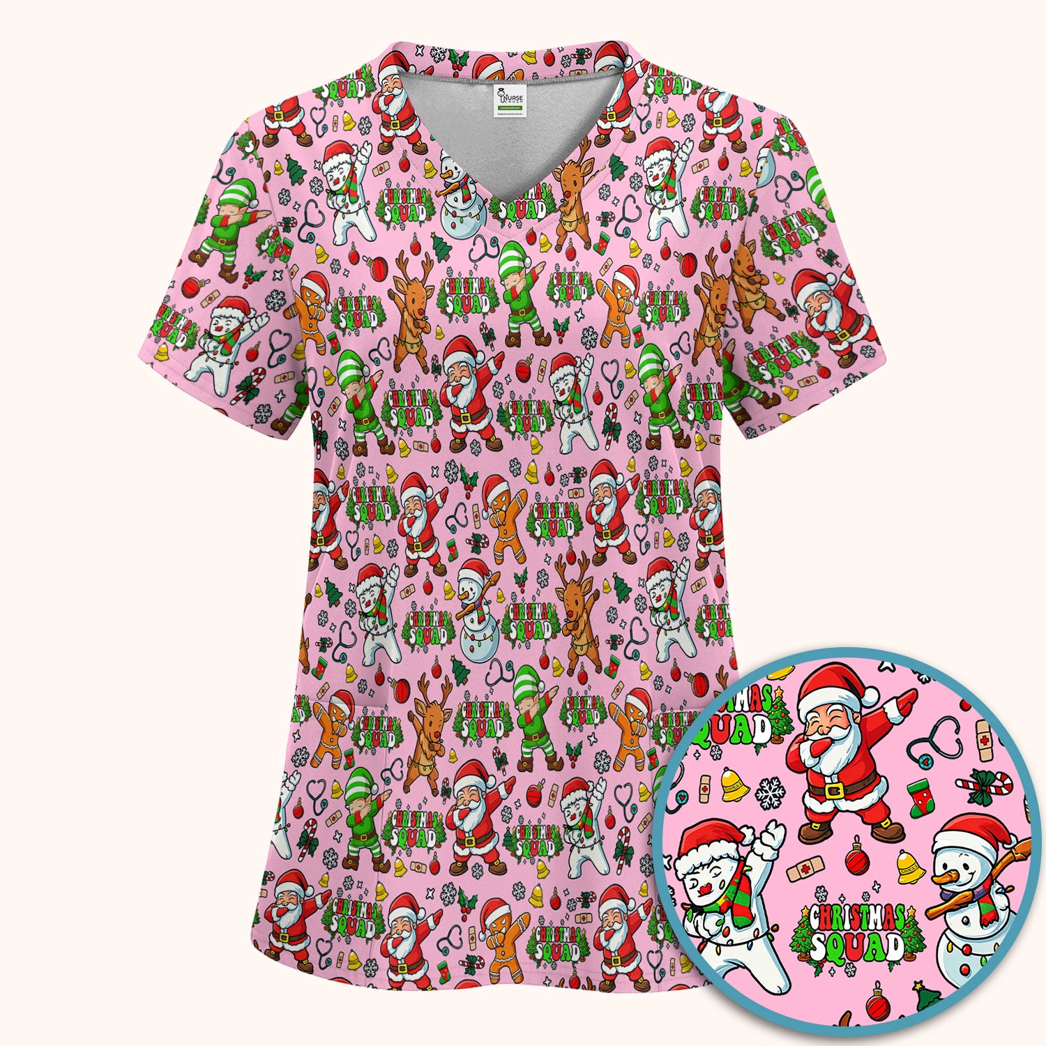 Christmas Squad Scrub Set - Dancing Santa, Reindeer & Elf Pants and V Neck Top - Funny Holiday Gift for Nurses, Doctors & Vet Techs