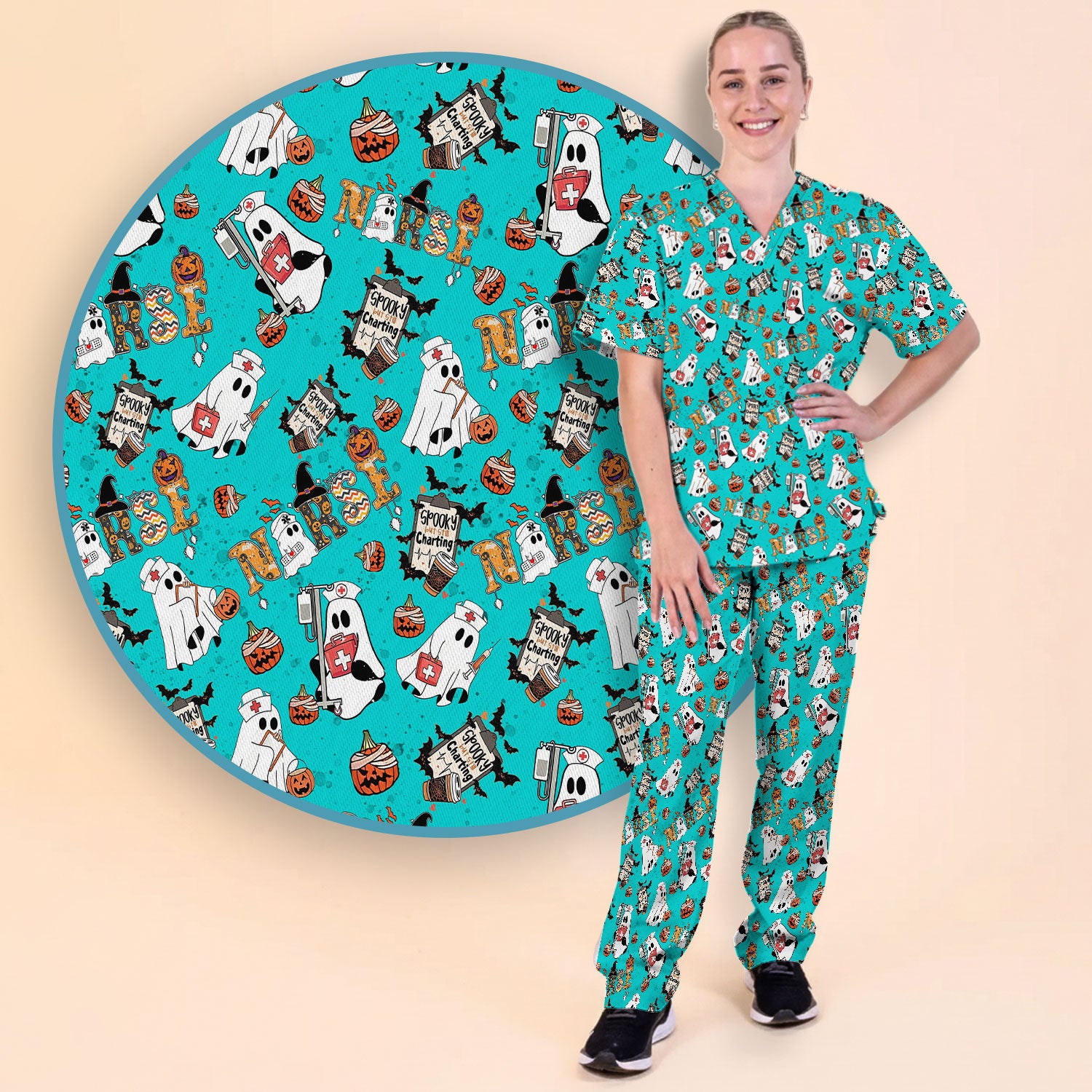 Halloween Women's Scrub Sets - Spooky But Still Charting - Funny Scrubs for Nurses - Horror Pumpkin Scrub Pants and V Neck Top