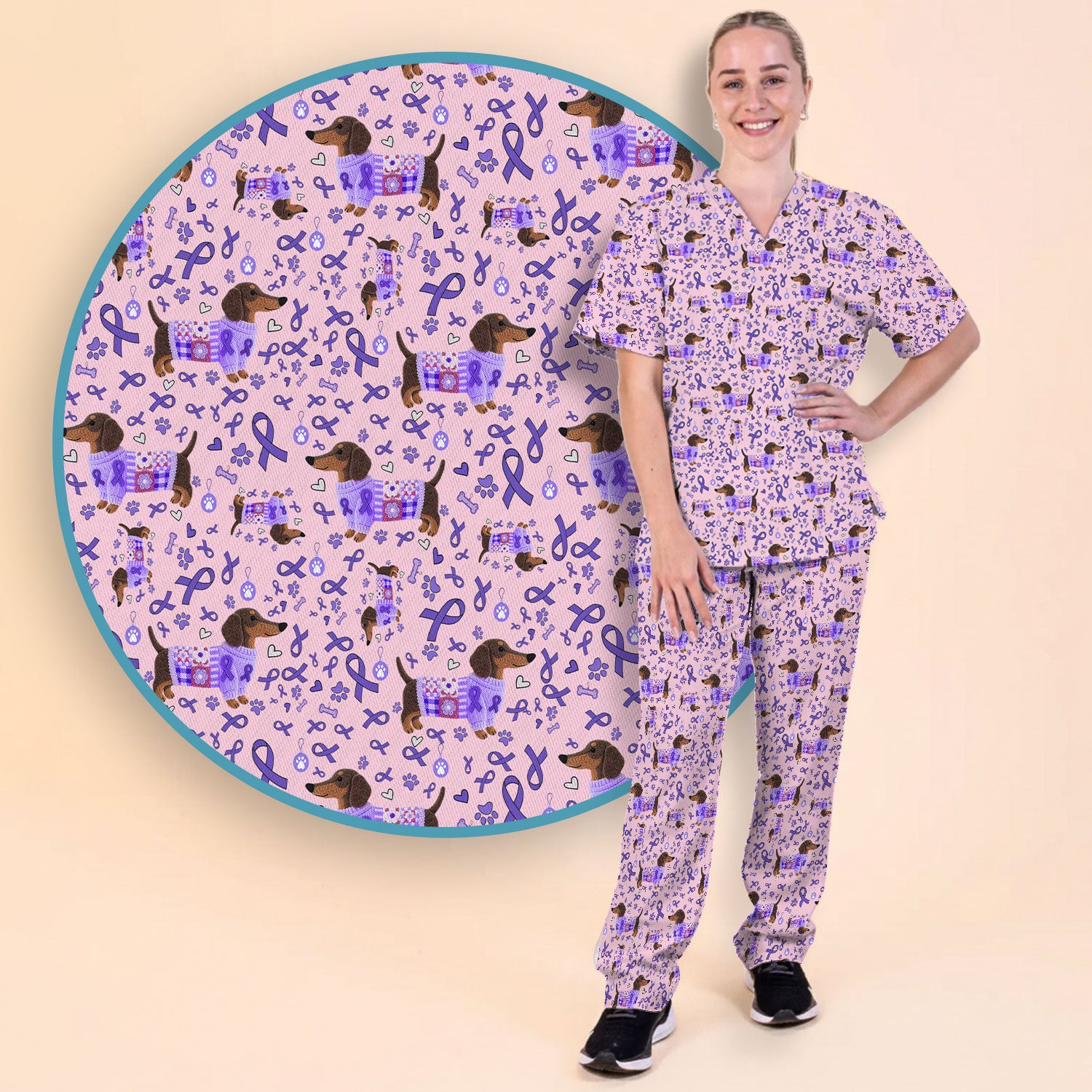 Purple Ribbon Dachshund Scrub Sets - Cute Awareness Dog Paw Prints Scrub Pants and V Neck Top - Support Lupus Cancer Med Uniform