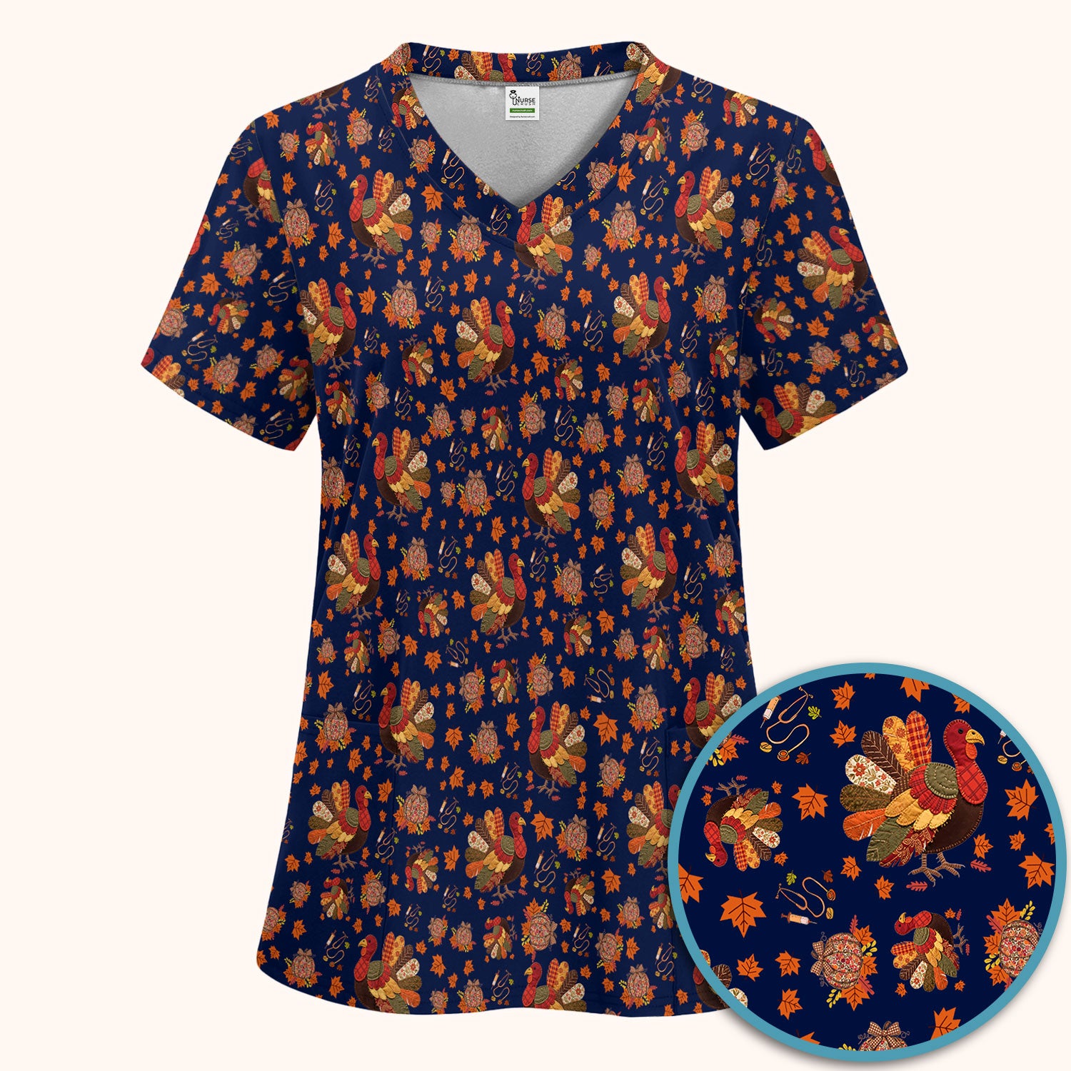 Fall Leaves Thanksgiving Women's Scrub Set - Comfortable Scrub Pants and V Neck Top - Funny Turkey Nursing Uniform