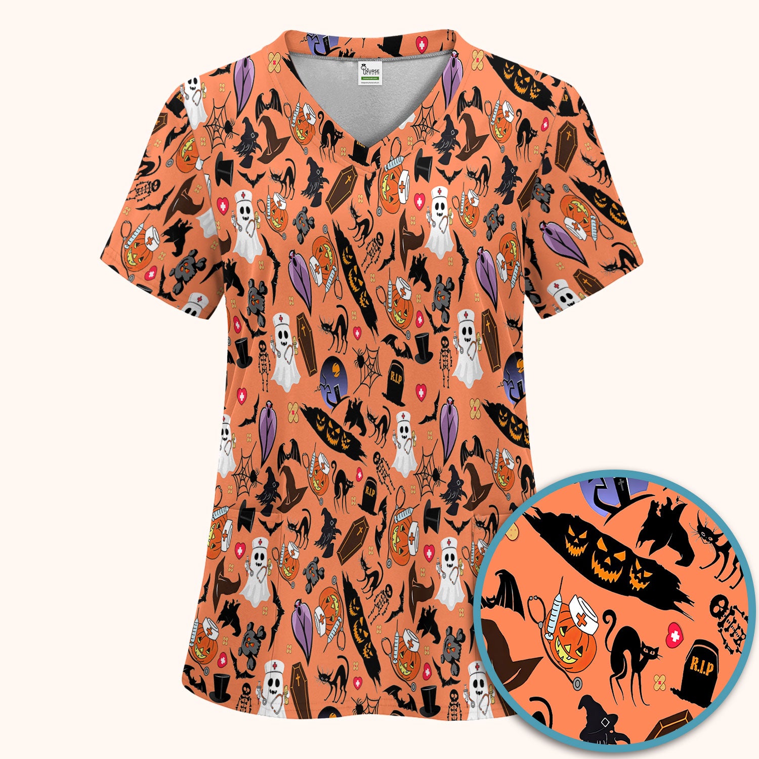 Spooky Halloween Scrub Set - Pumpkin Ghost Bat Nurse Scrubs Pants and V Neck Top - Wicked Witch Medical Uniform for RN CNA LPN