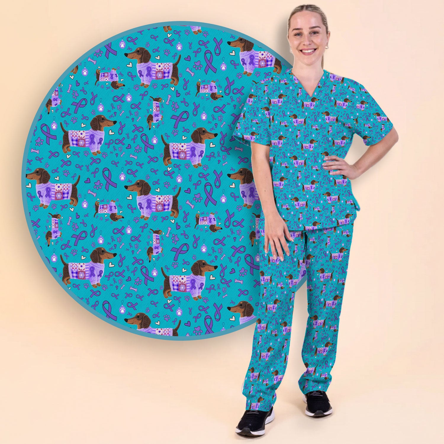 Wiener Dog Purple Ribbon Cancer Awareness Scrub Sets - Dachshund Nursing Uniform - Comfortable Scrubs for Nurses