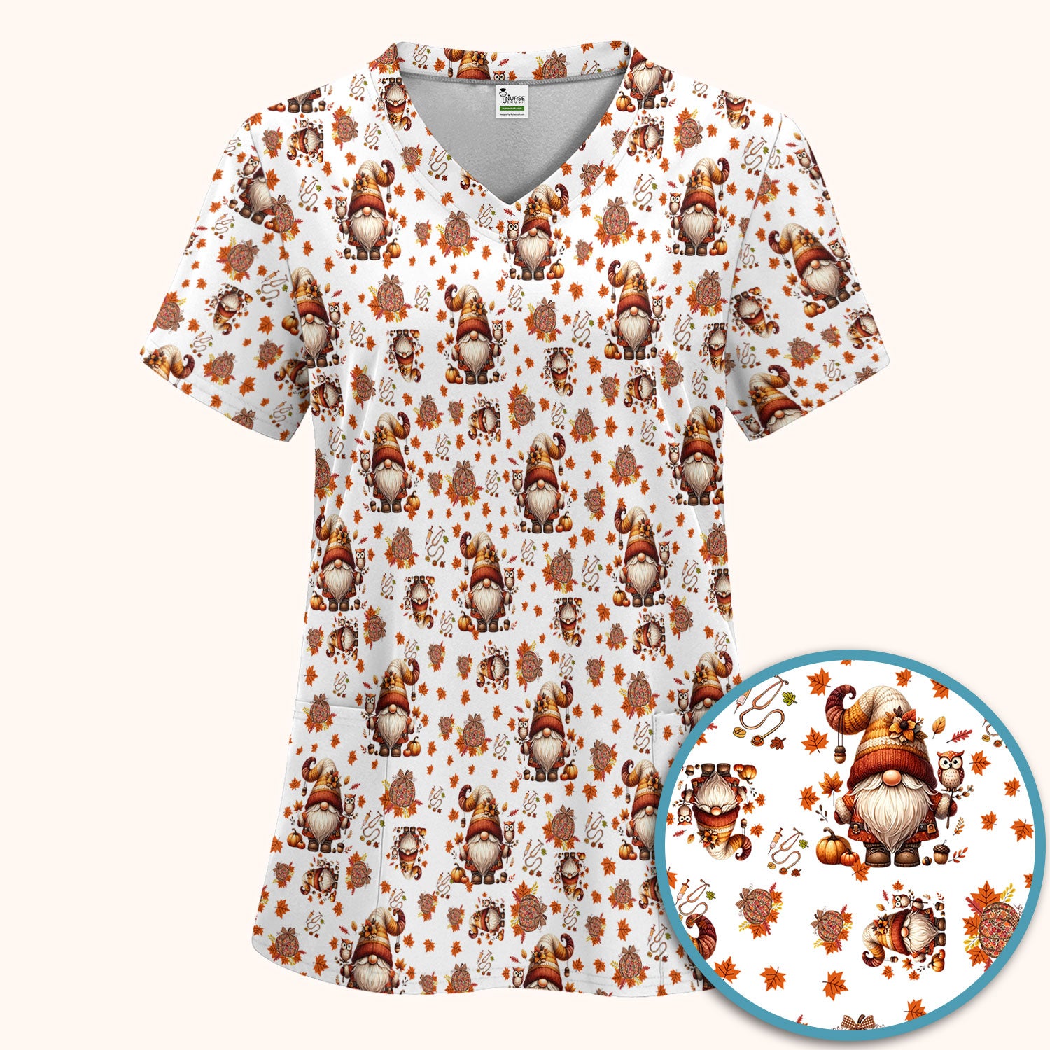 Fall Gnome Women's Scrub Sets - Autumn Leaves Pumpkin Scrub Pants and V Neck Top - Thanksgiving Nursing Uniform