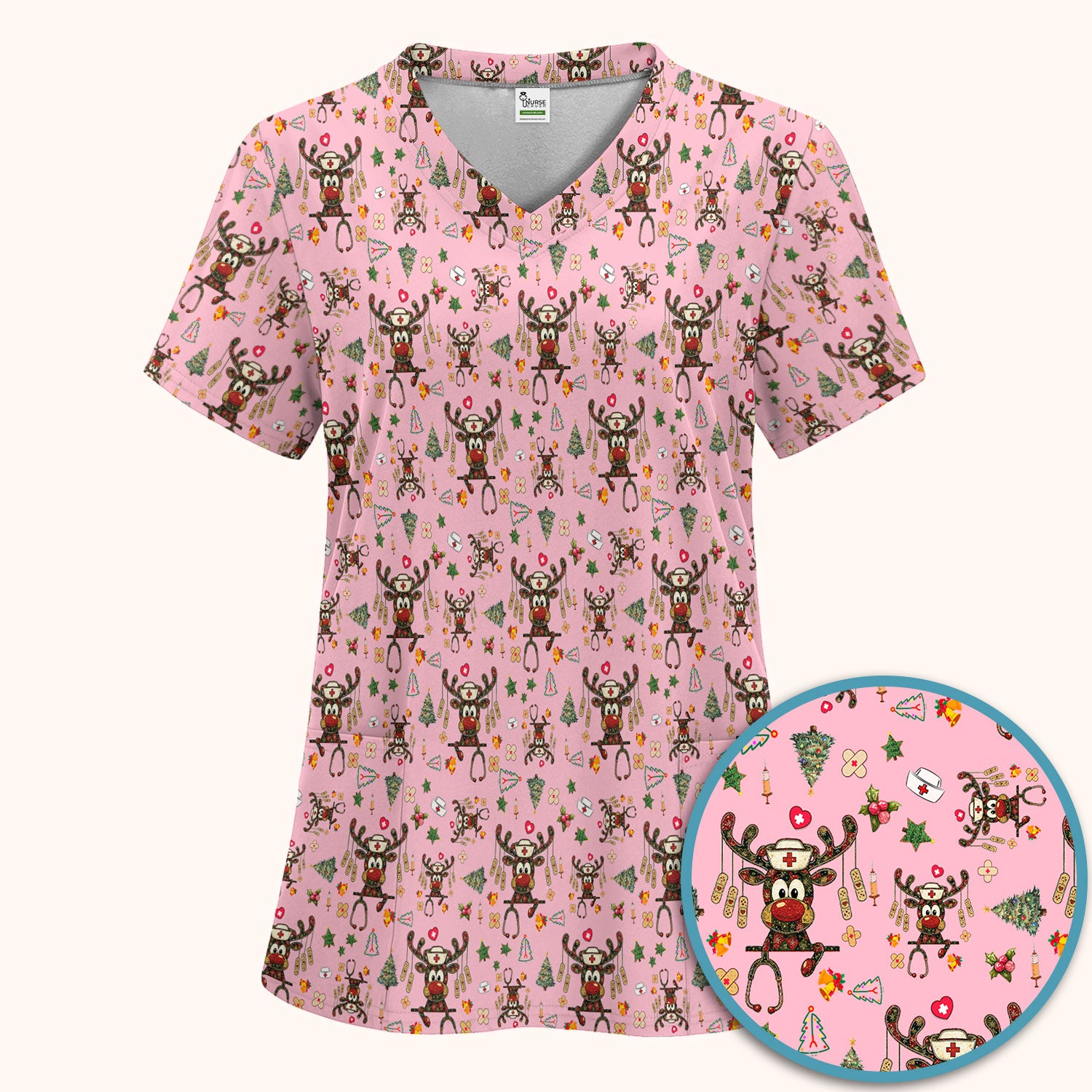 Reindeer Christmas Nurse Scrub Set - Funny Holiday Scrubs Pants and V Neck Top - Cute Medical Uniform for Women